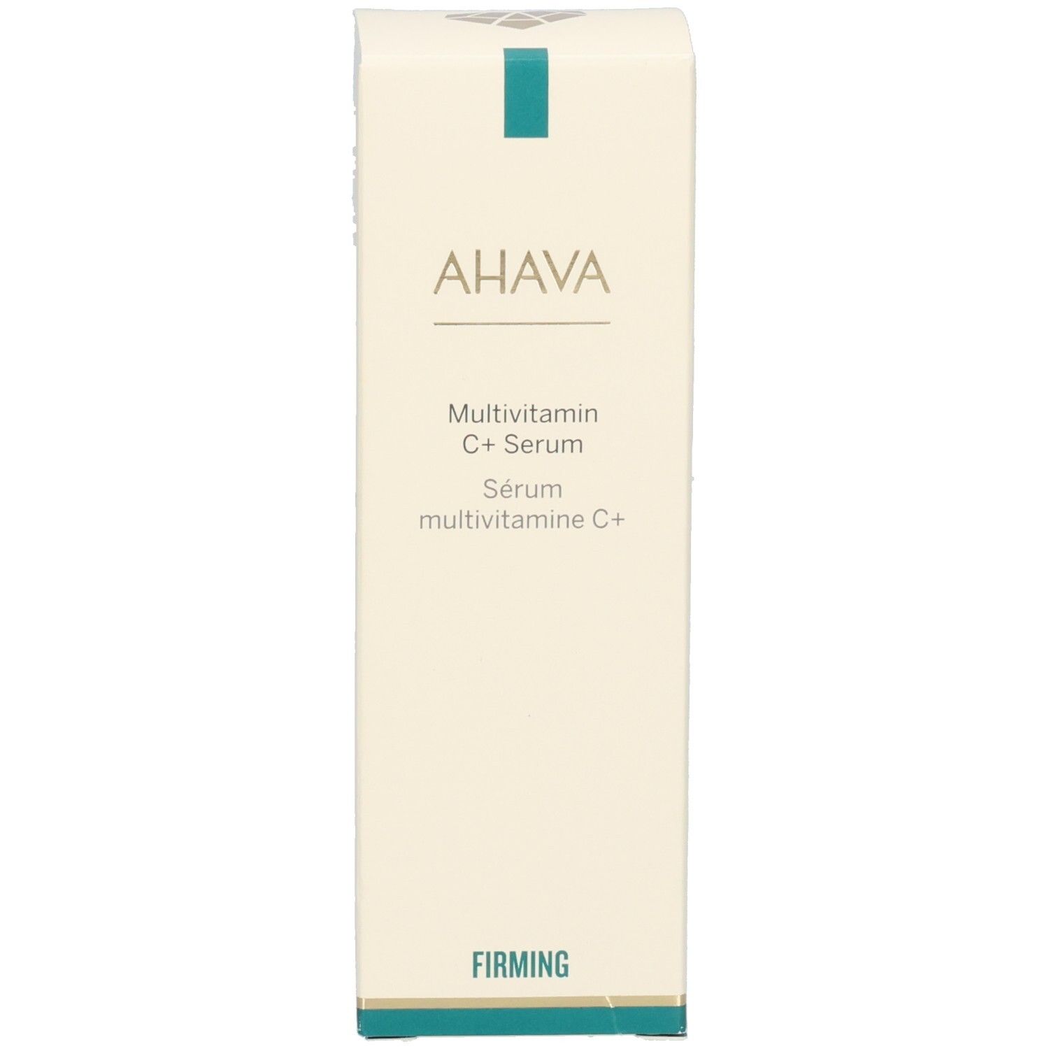 Siero Ahava Multivitamin C+. Confezione. Scritte: AHAVA, Multivitamin C+ Serum, Firming.