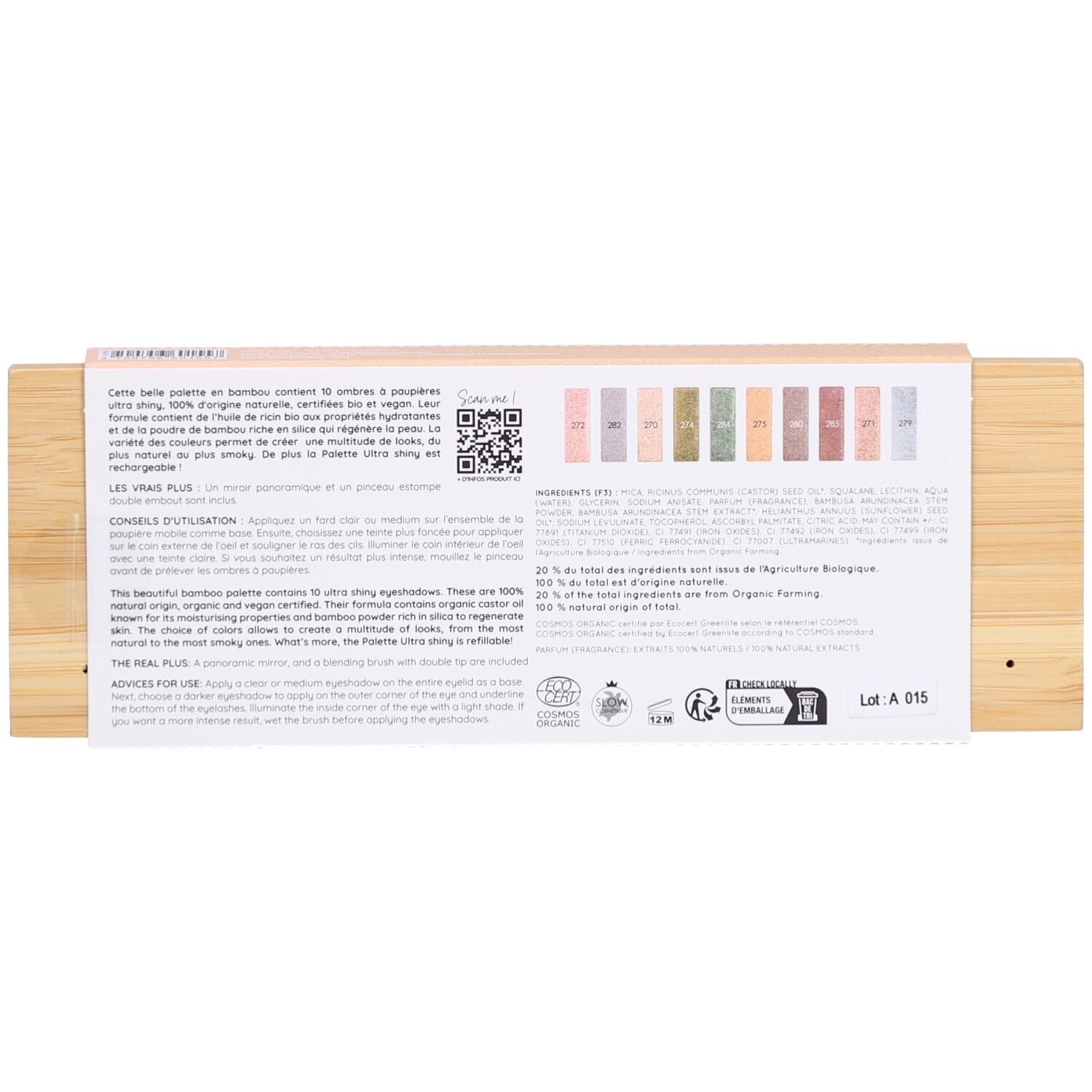 Retro della palette ombretti. Testo con ingredienti e istruzioni per l'uso. Certificazioni e codice QR.