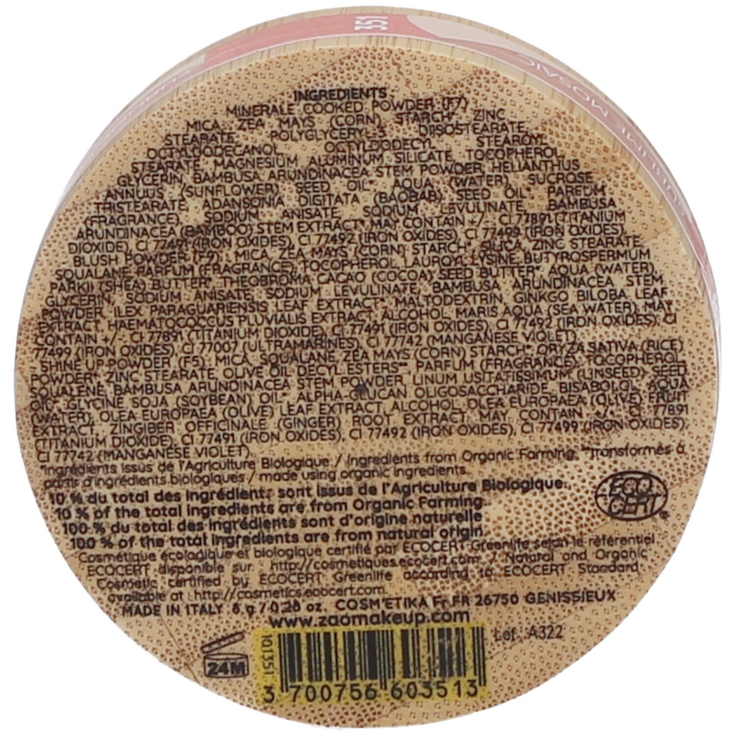 Fondo del contenitore rotondo con elenco ingredienti. Testo: Ingredienti, Organic Farming, Made in Italy. Scritte: ZAO, 6.9 g, 24M.