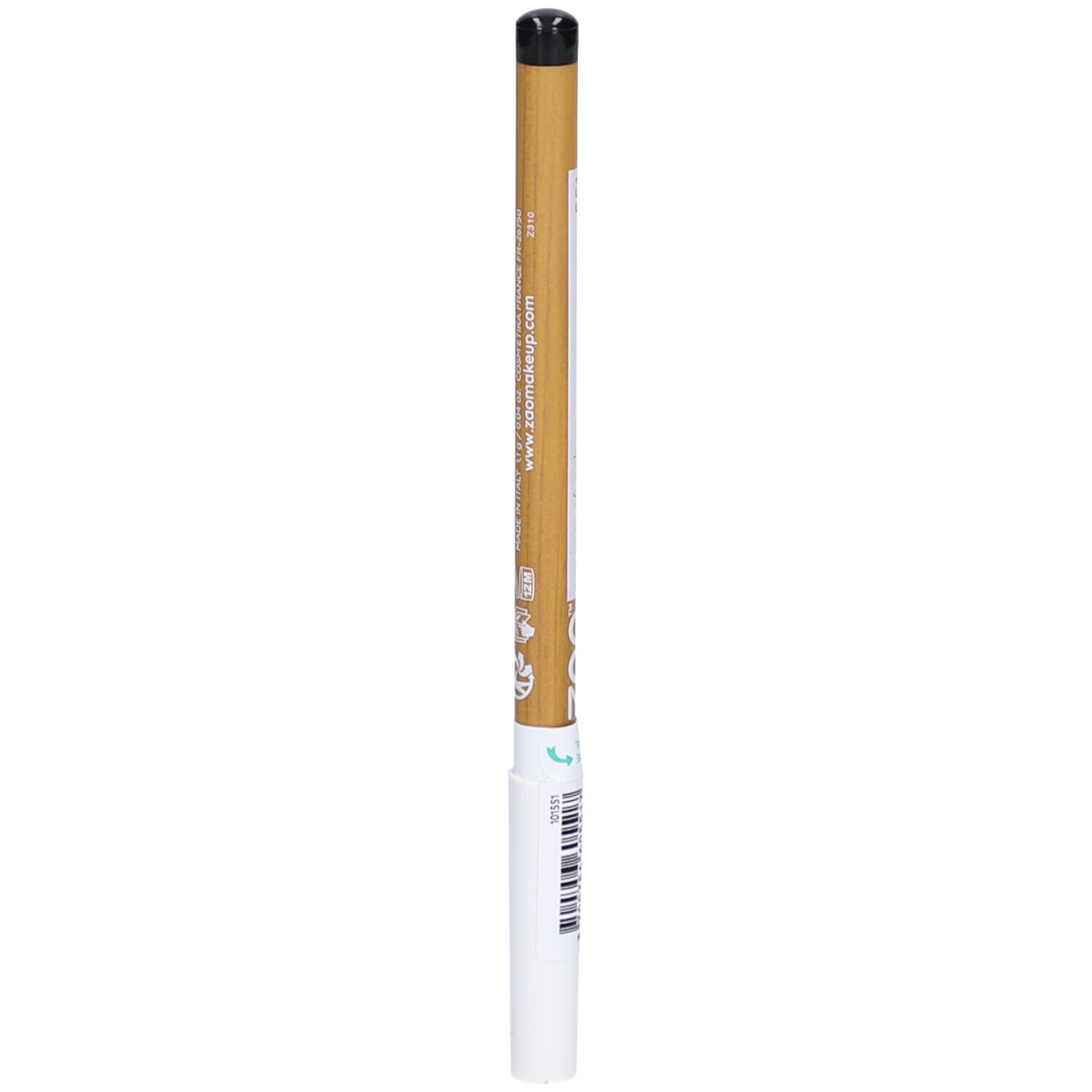 Matita singola, punta nera, estremità bianca. Corpo dorato con striscia bianca e testo. Marchio ZAO e indirizzo web visibili.