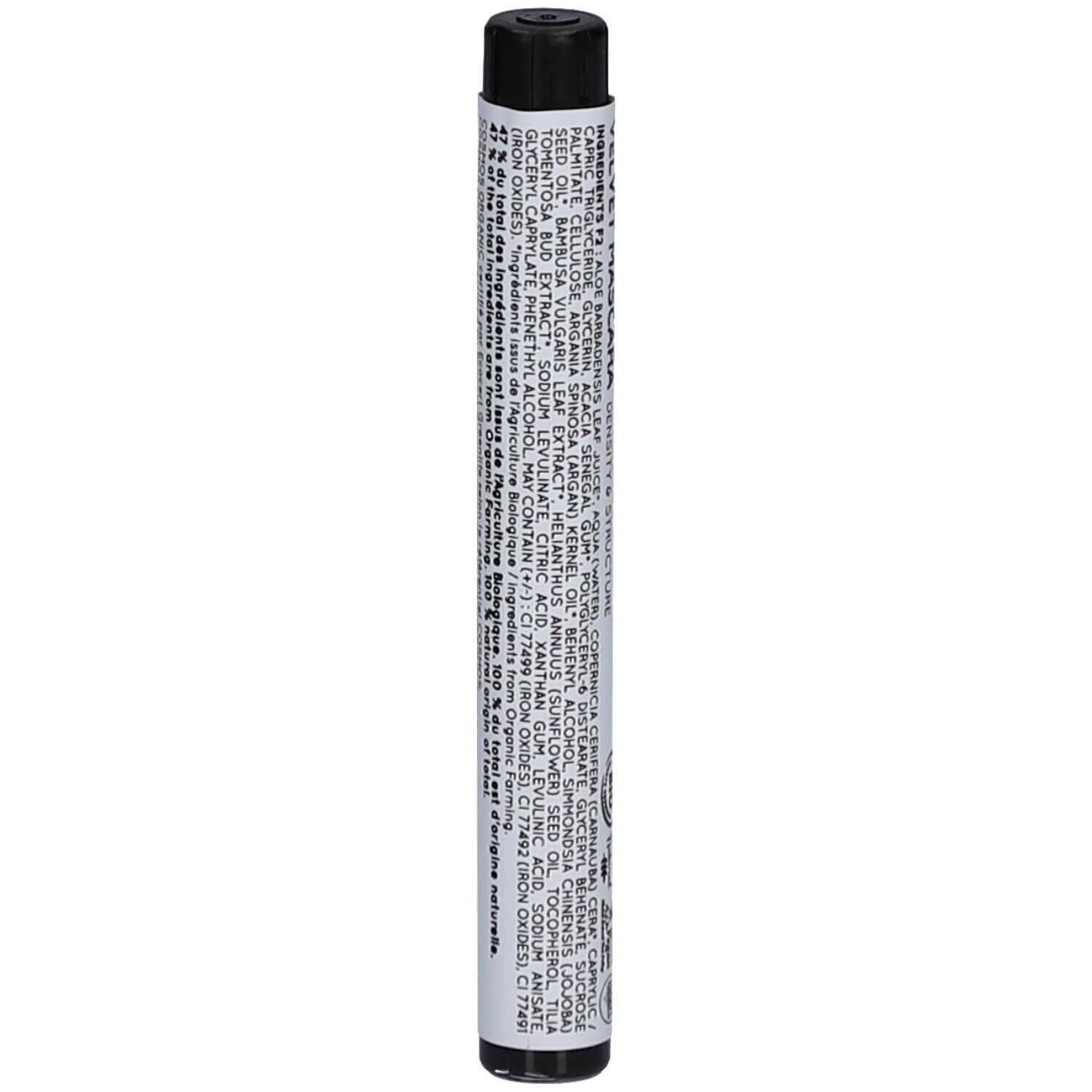 Tubo di mascara cilindrico. Scritta: Ingredienti. Tappo nero. Testo con ingredienti e altre informazioni.