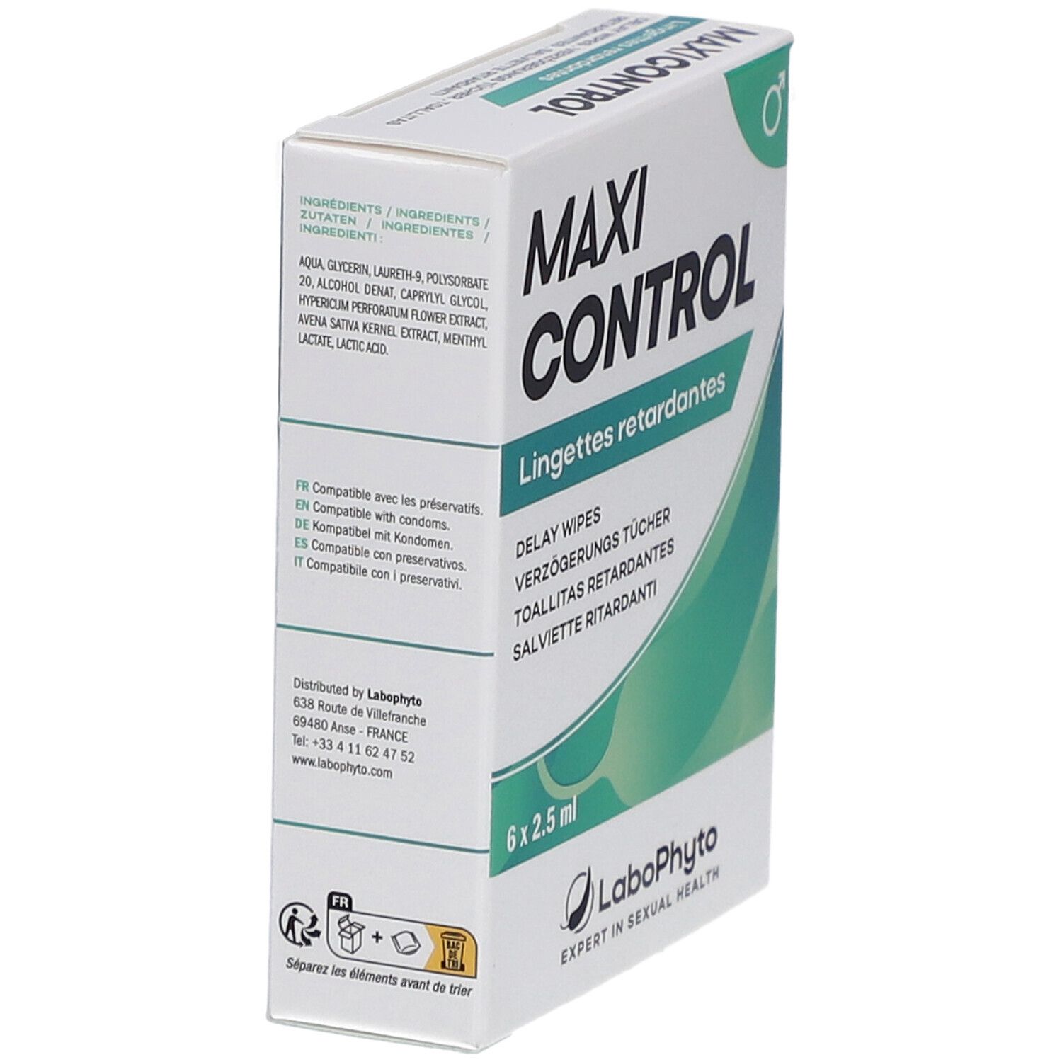 Scatola "MAXI CONTROL" con ingredienti e testo multilingue. 6 x 2,5 ml. Logo LaboPhyto.