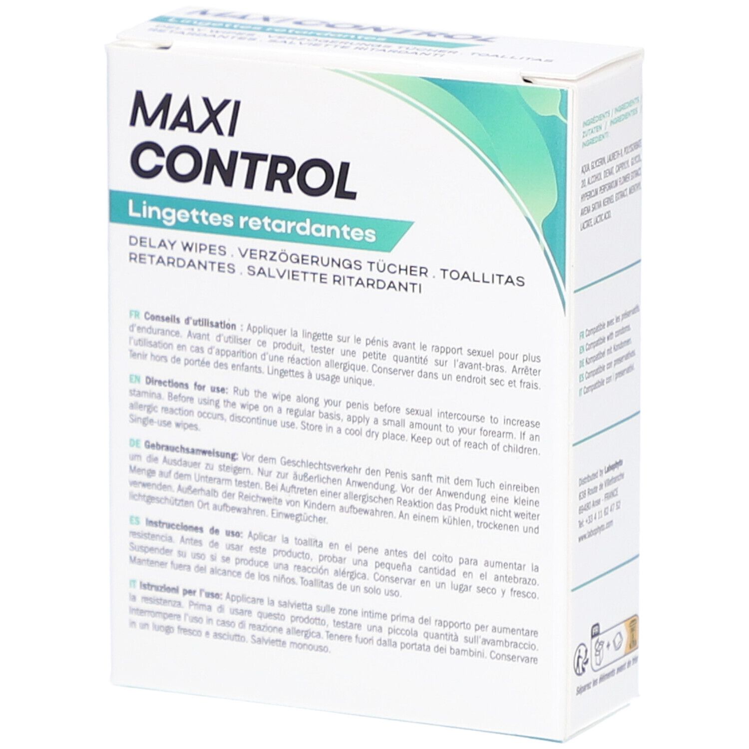 Scatola "MAXI CONTROL" con istruzioni multilingue. 6 x 2,5 ml. Logo LaboPhyto.