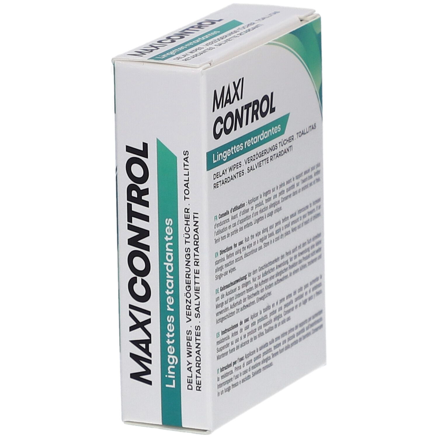 Scatola "MAXI CONTROL" con testo multilingue. Logo LaboPhyto. Vista posteriore.