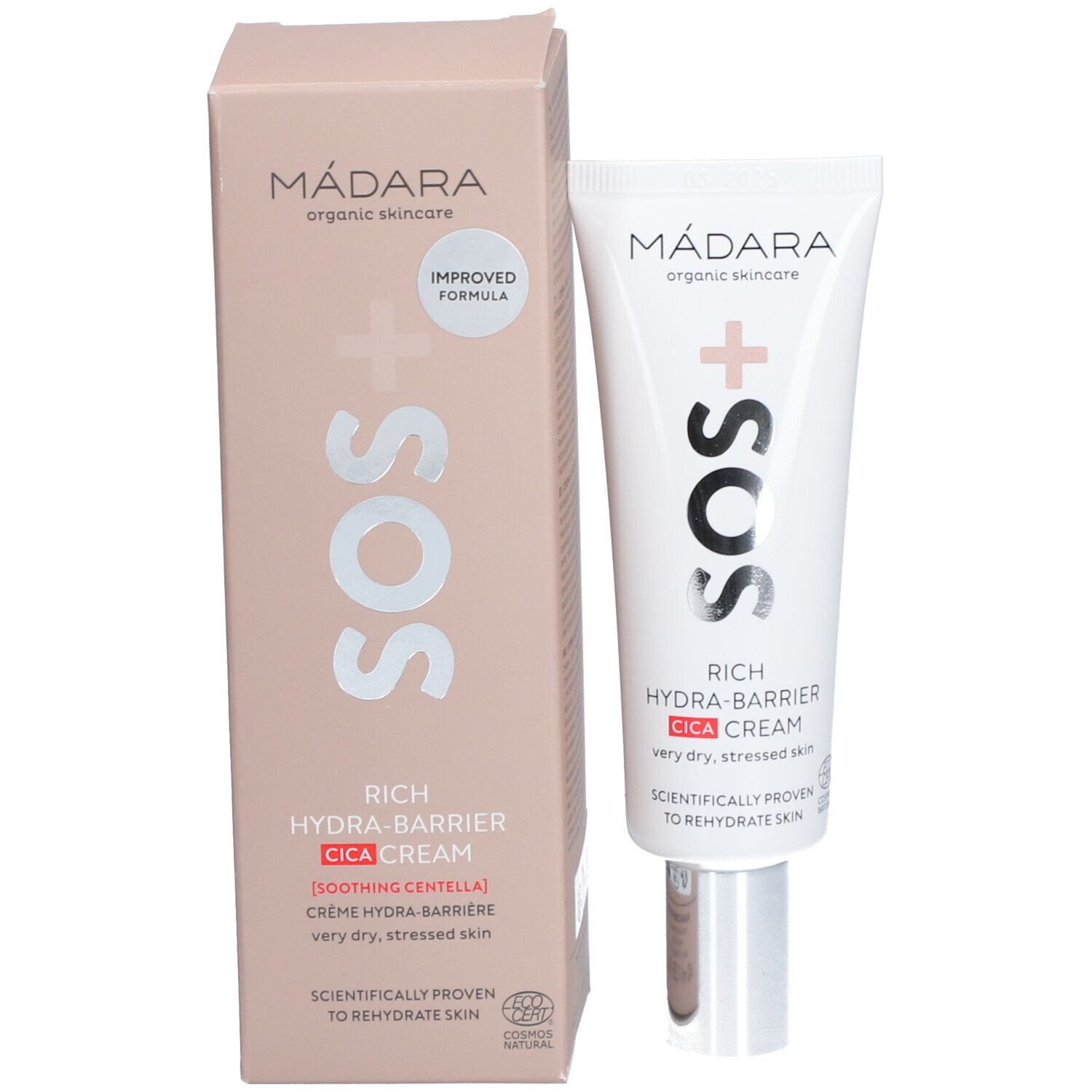 Confezione e tubo del prodotto. Scatola rosa con tubo bianco. Scritta: MÁDARA, SOS, Rich Hydra-Barrier CICA Cream. Per pelli molto secche.