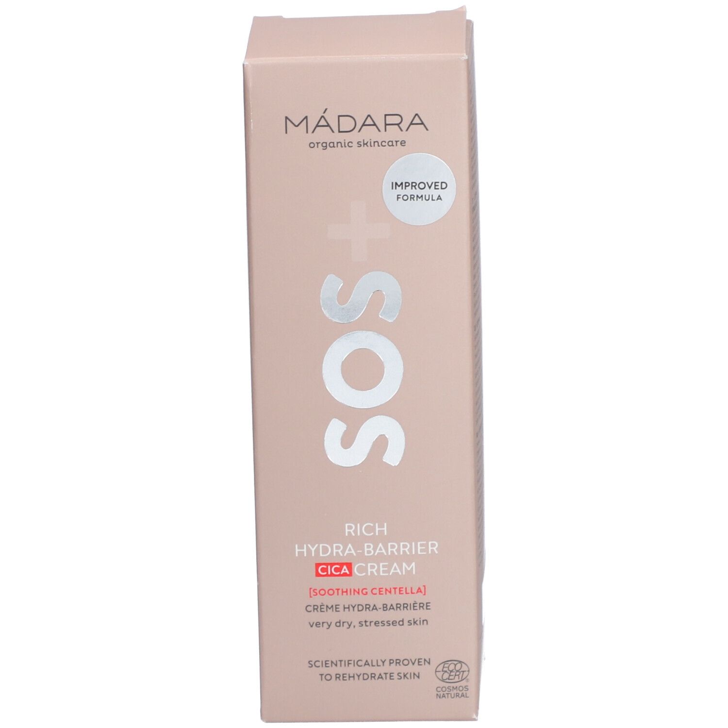 Confezione rosa del prodotto. Scritta: MÁDARA, SOS, Rich Hydra-Barrier CICA Cream. Per pelli molto secche. Con la dicitura: Improved Formula.