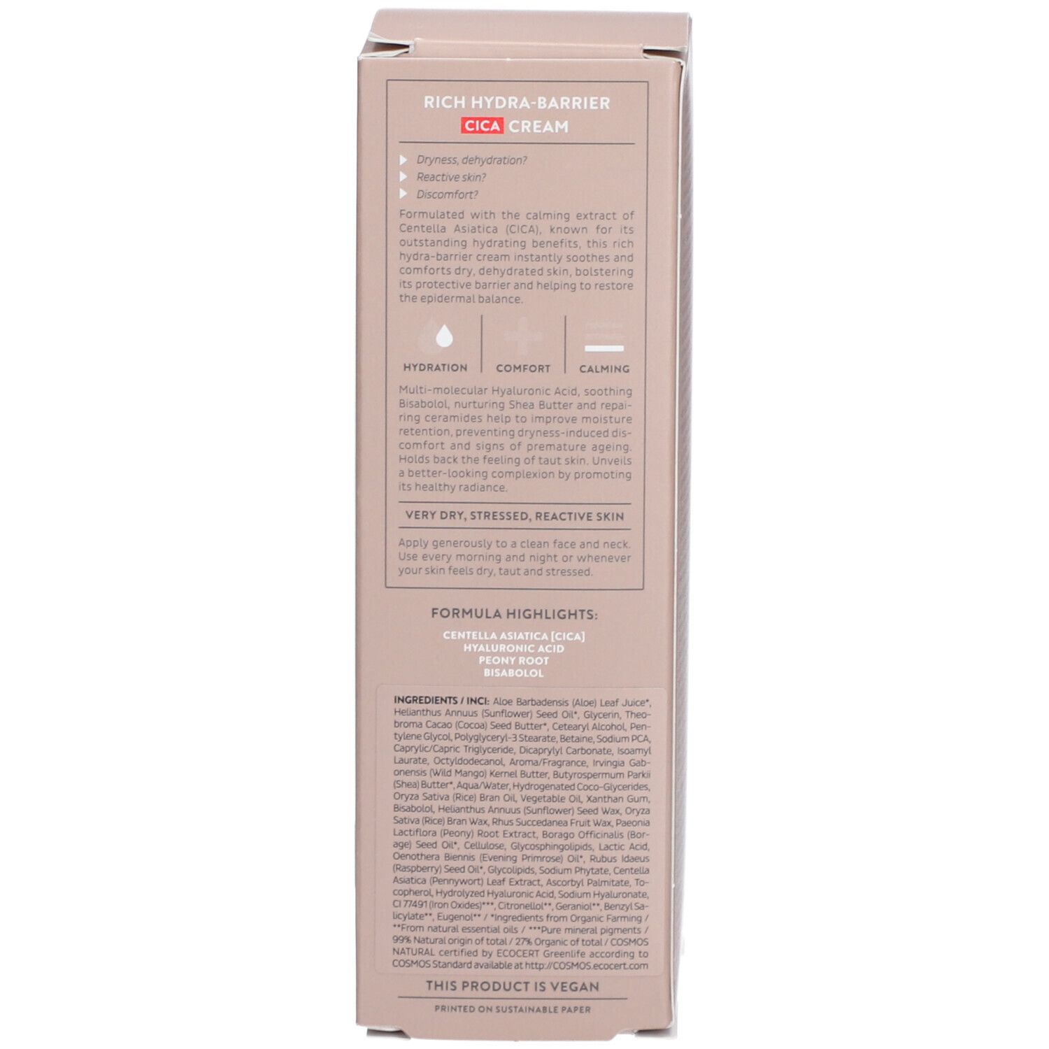 Retro della confezione del prodotto. Testo sugli ingredienti, l'uso e i benefici. Sfondo rosa. Certificazione vegana.