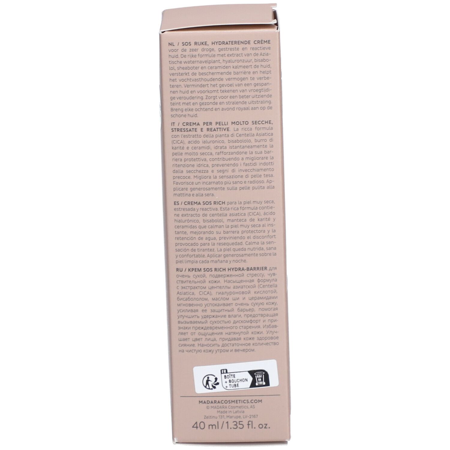 Retro della confezione del prodotto. Testo in più lingue. Informazioni sugli ingredienti e l'uso. Sfondo rosa.