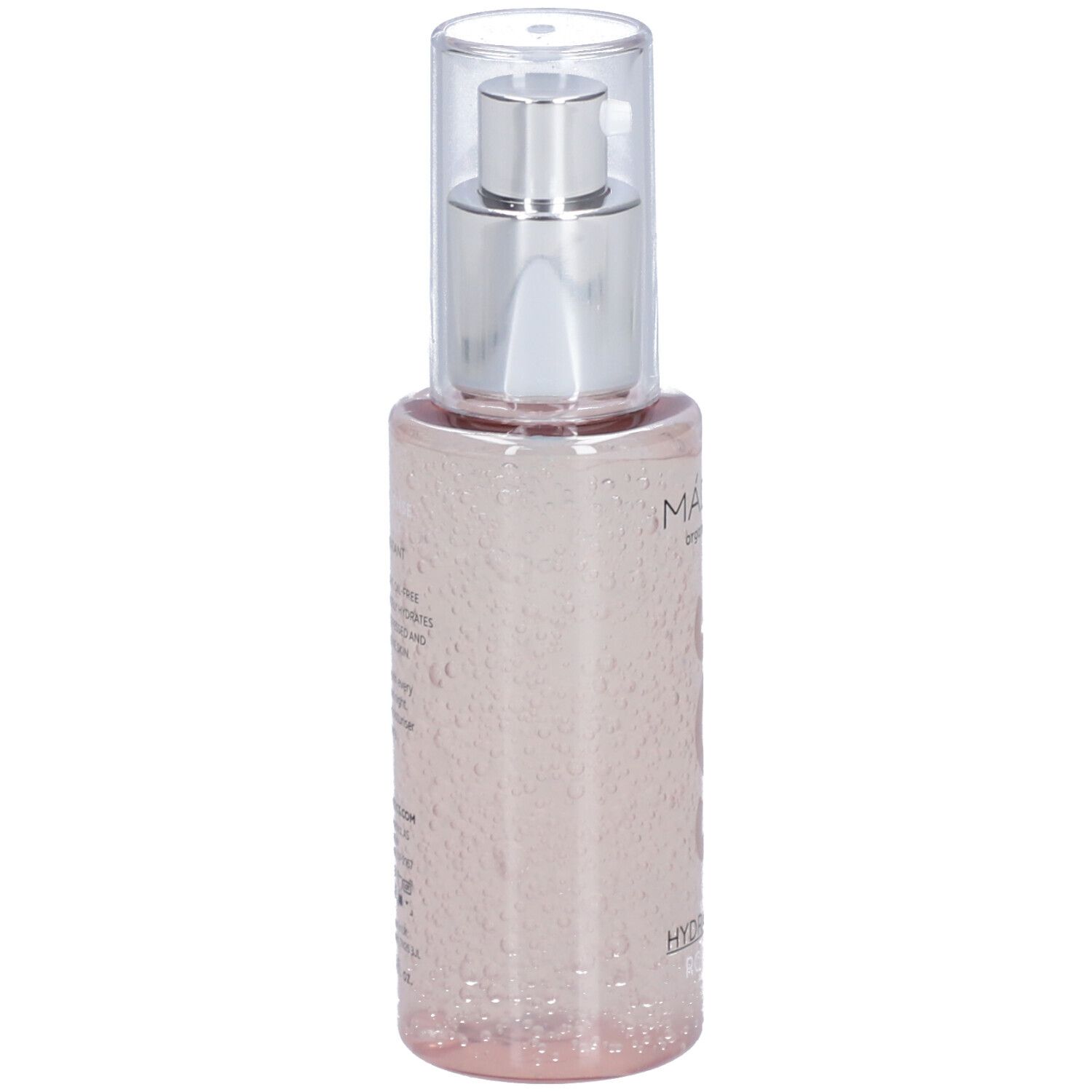 Vista posteriore di un liquido rosa in un flacone con pompa argentata e tappo trasparente. Testo.