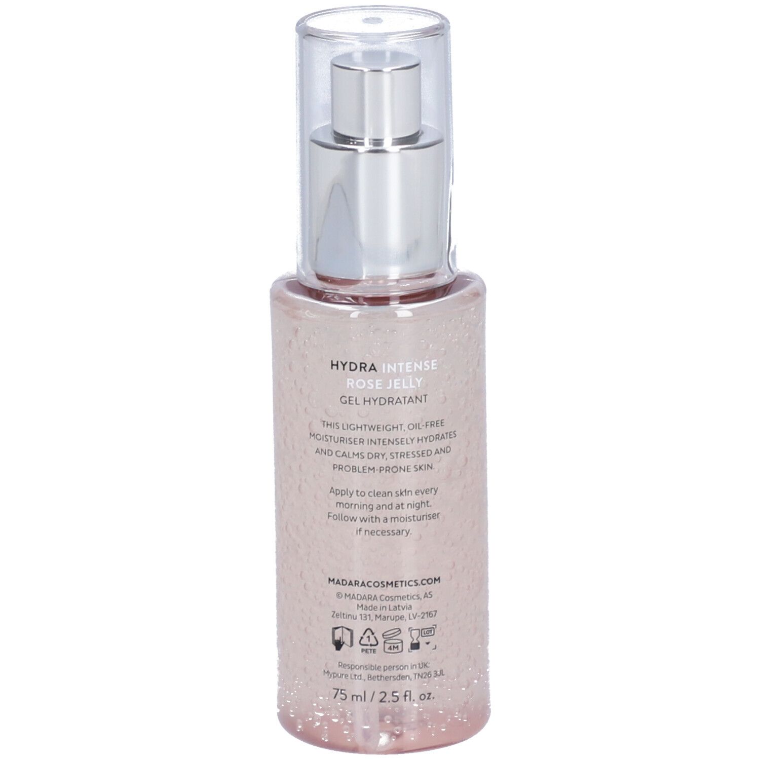 Vista posteriore di un liquido rosa in un flacone con pompa argentata e tappo trasparente. Testo e loghi.