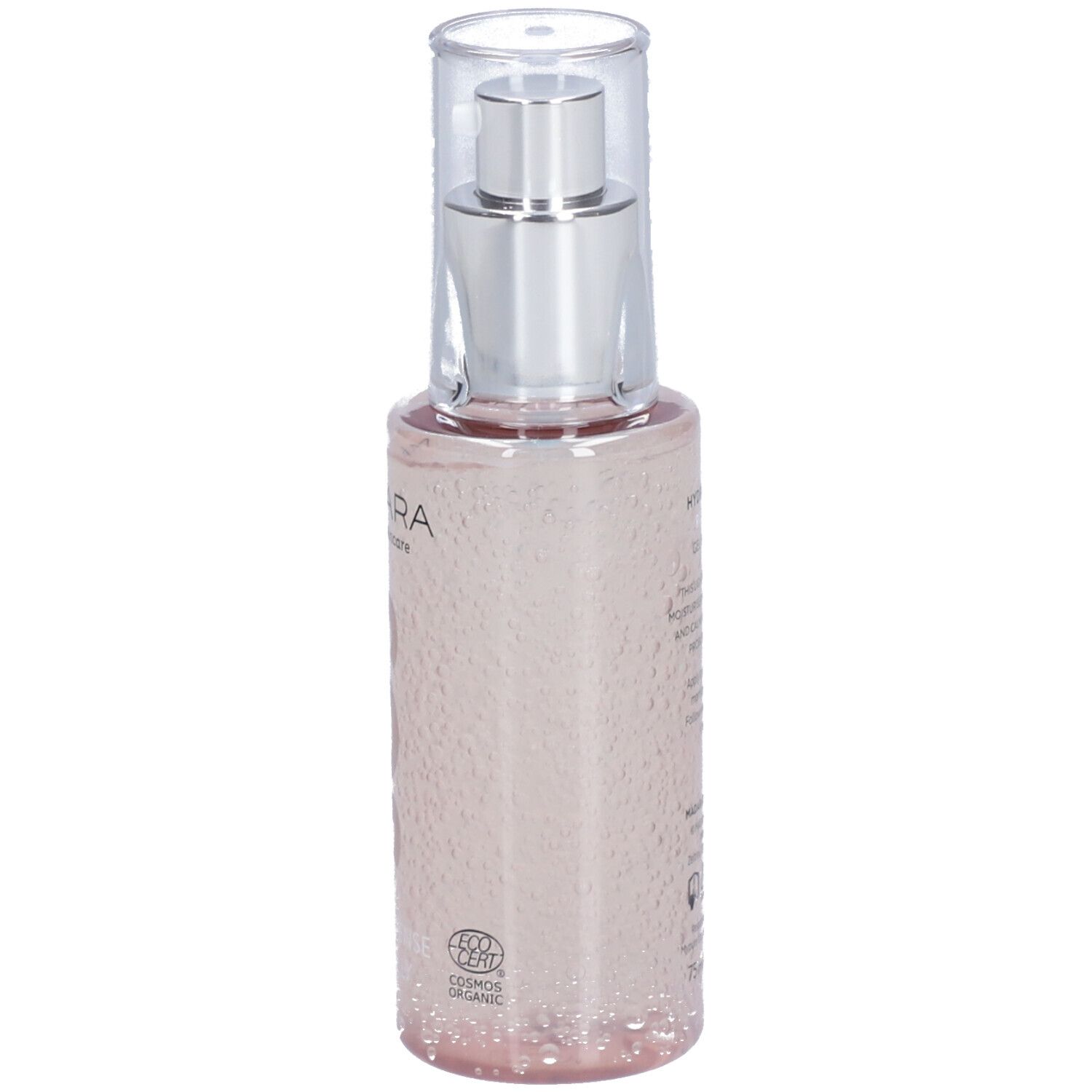 Vista posteriore di un liquido rosa in un flacone con pompa argentata e tappo trasparente. Testo e loghi.