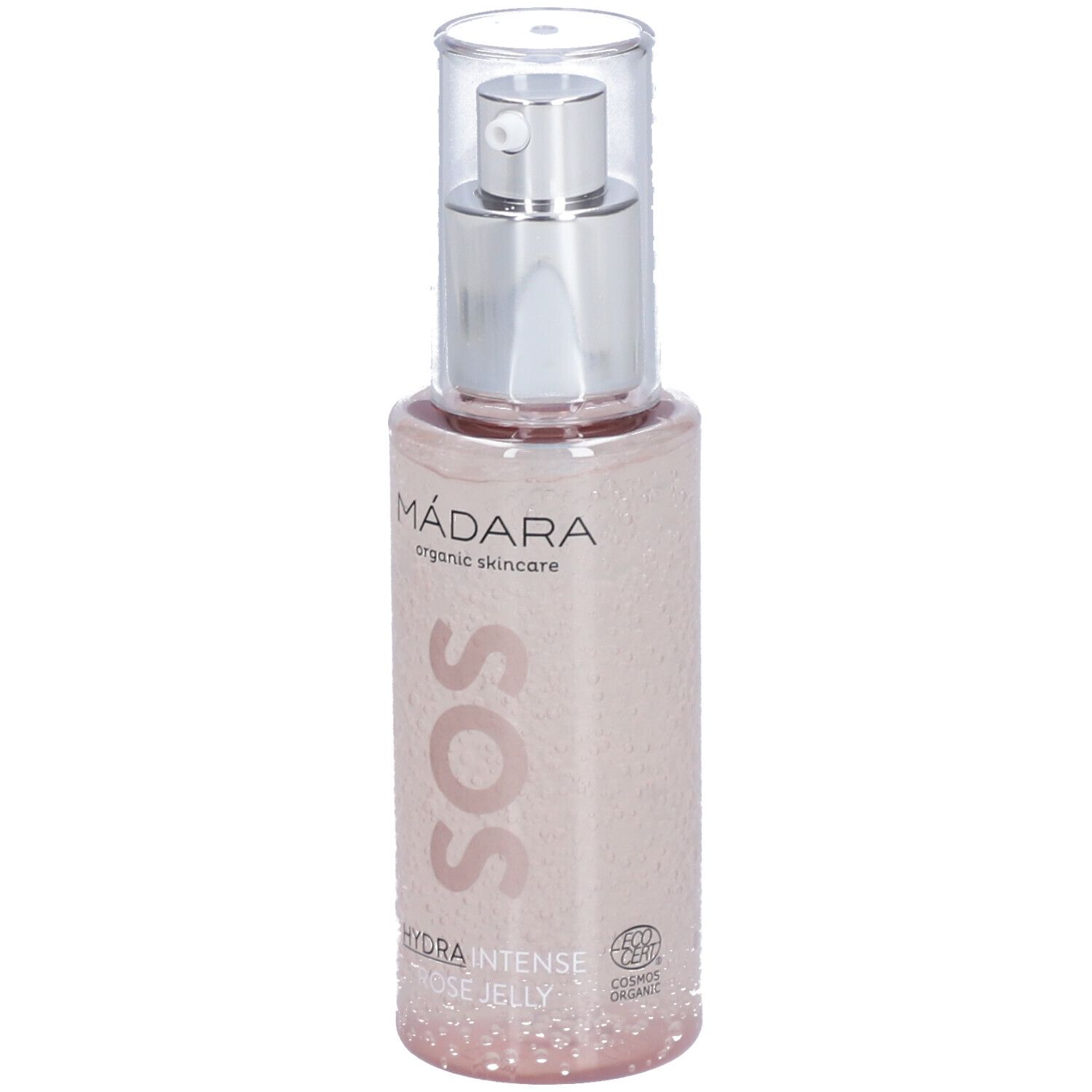 Liquido rosa in flacone con pompa argentata e tappo trasparente. Scritta: SOS, Hydra Intense Rose Jelly.