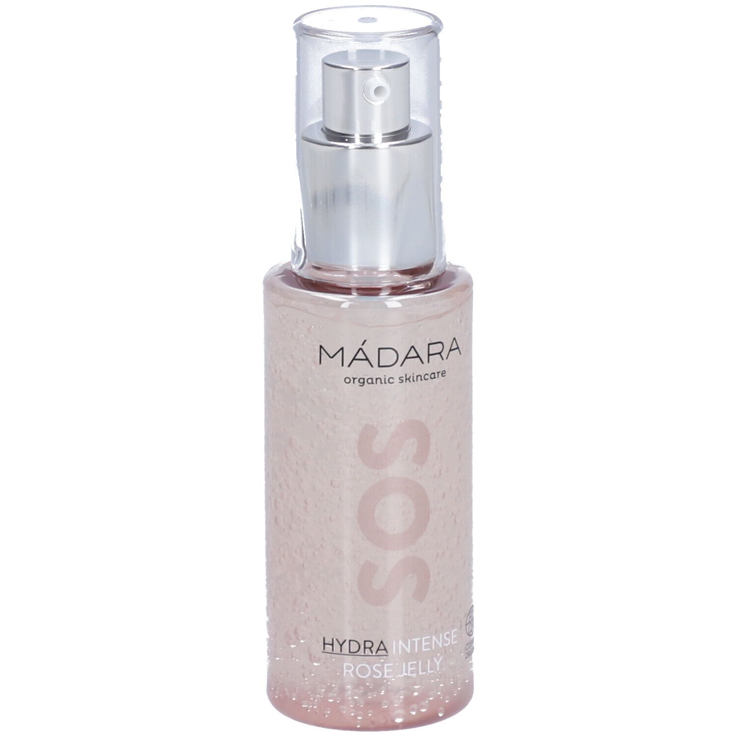 Liquido rosa in flacone con pompa argentata e tappo trasparente. Scritta: SOS, Hydra Intense Rose Jelly.
