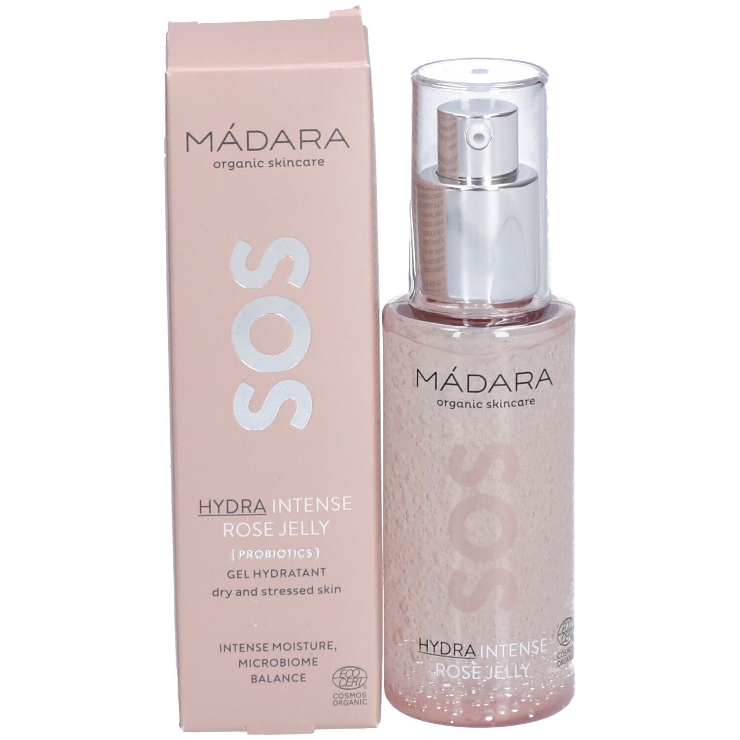 Prodotto e confezione. Flacone rosa con pompa argentata e scatola. Scritta: SOS, Hydra Intense Rose Jelly.