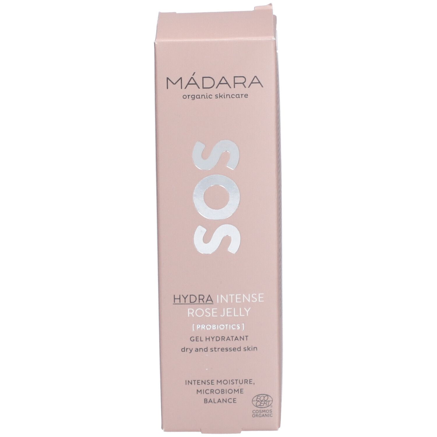 Scatola rosa con scritta: SOS, Hydra Intense Rose Jelly. Testo e loghi.
