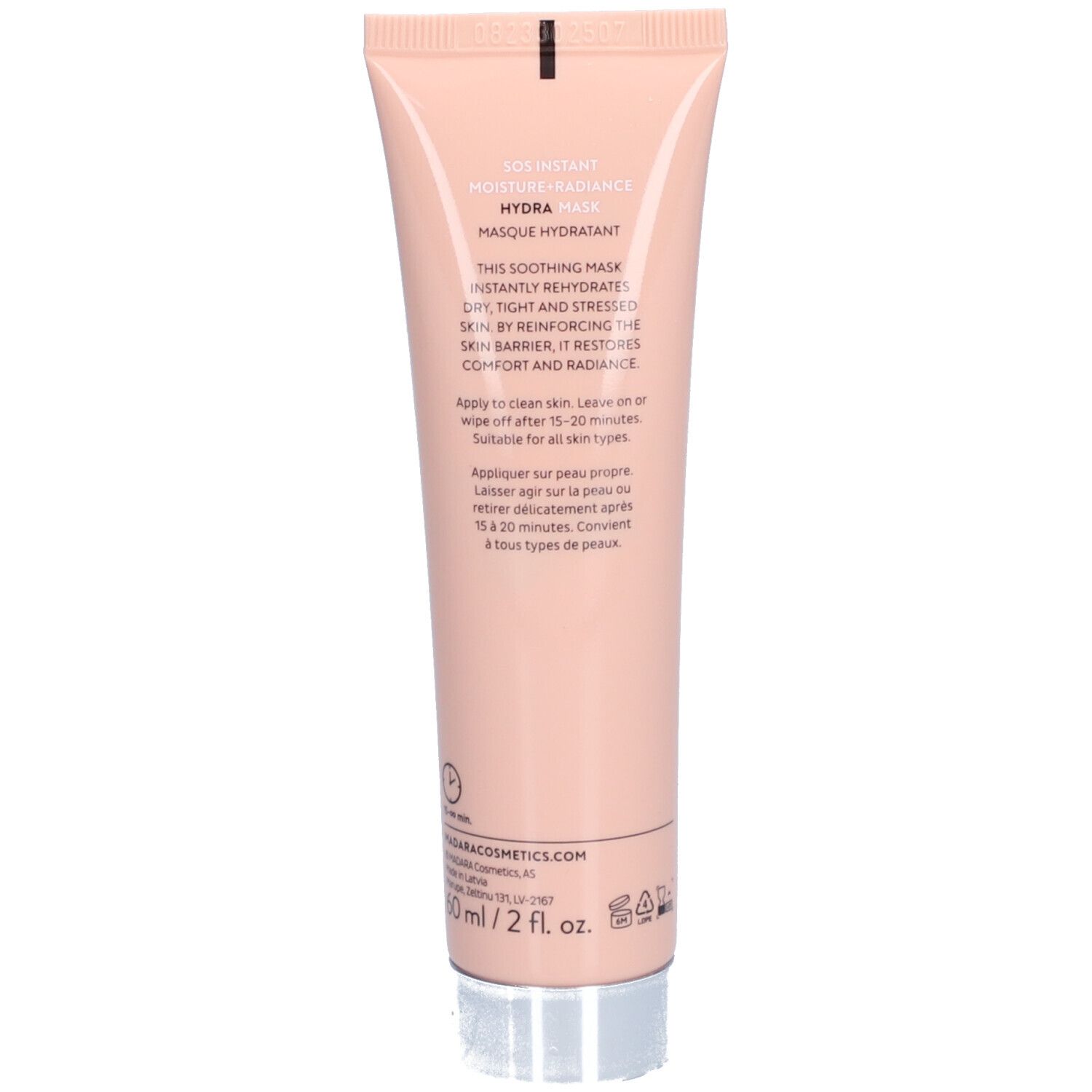 Retro del tubo rosa. Testo: SOS Instant Moisture+Radiance Hydra Mask. Descrizione e istruzioni per l'uso.
