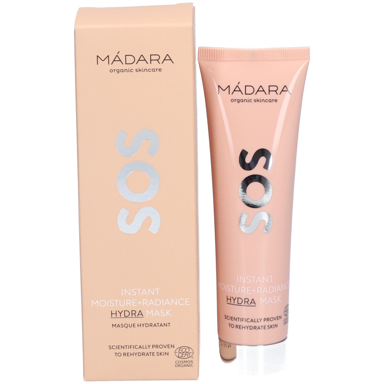 Confezione del prodotto: Tubo e scatola rosa. Scritta: Mádara SOS Hydra Mask. Instant Moisture+Radiance. Certificazione.