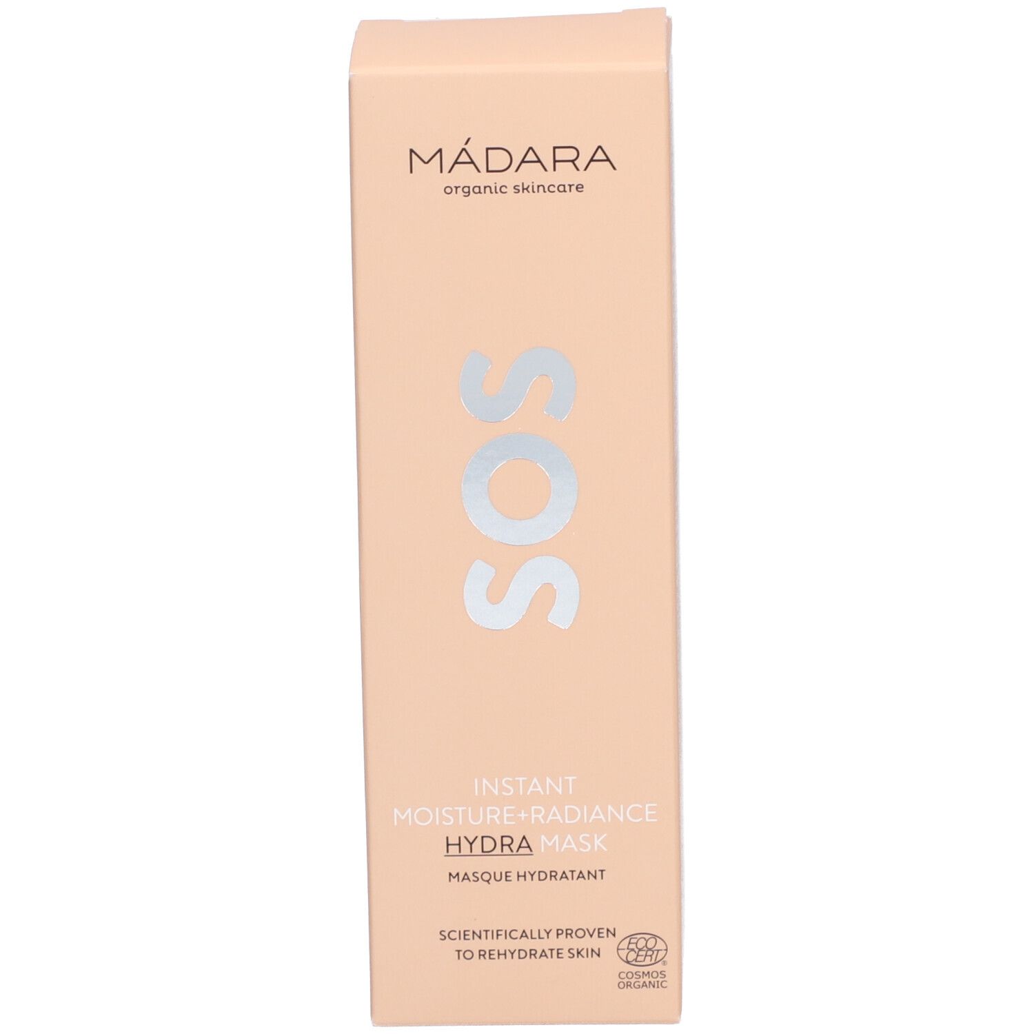 Confezione in cartone, rosa. Scritta: Mádara SOS Hydra Mask. Instant Moisture+Radiance. Certificazione.