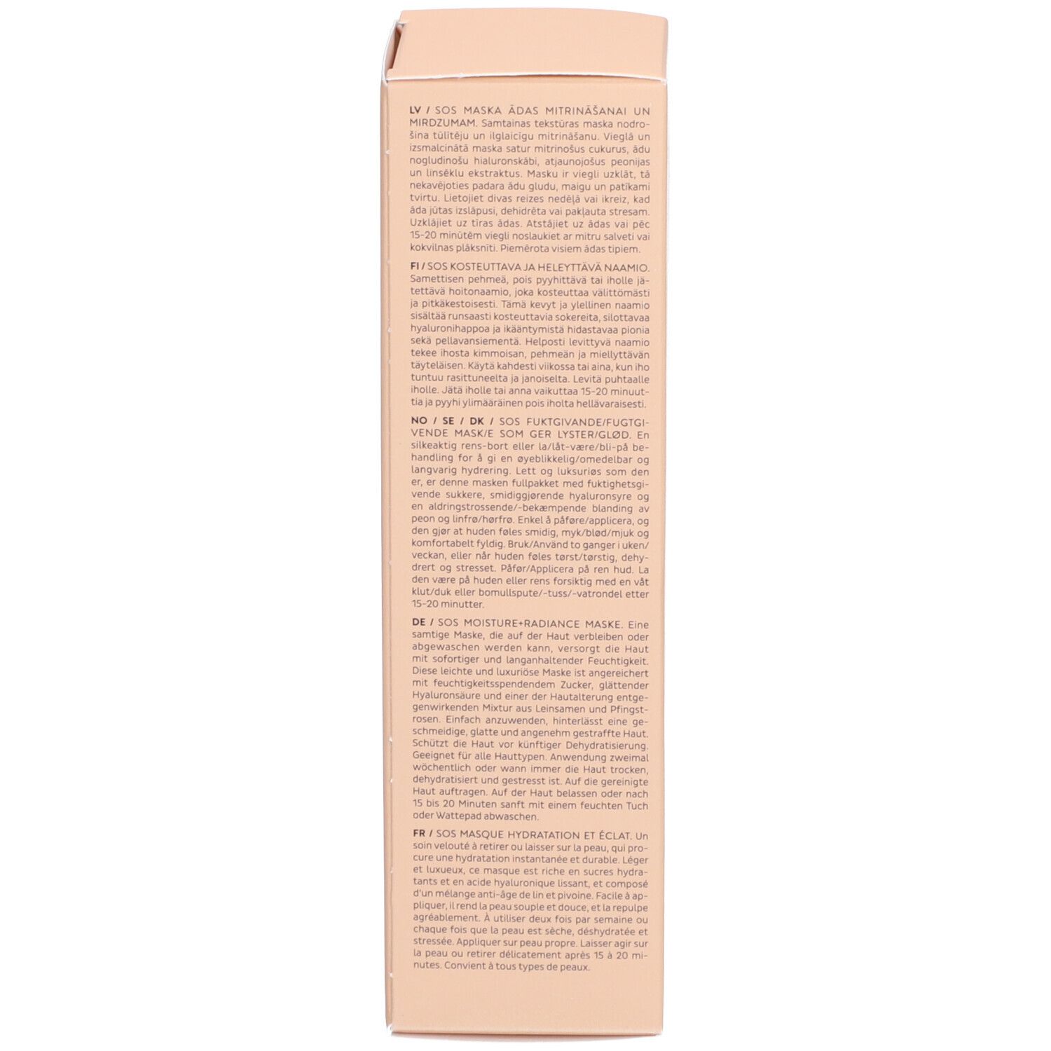 Retro della confezione in cartone. Testo in più lingue: descrizione della maschera SOS Hydra.