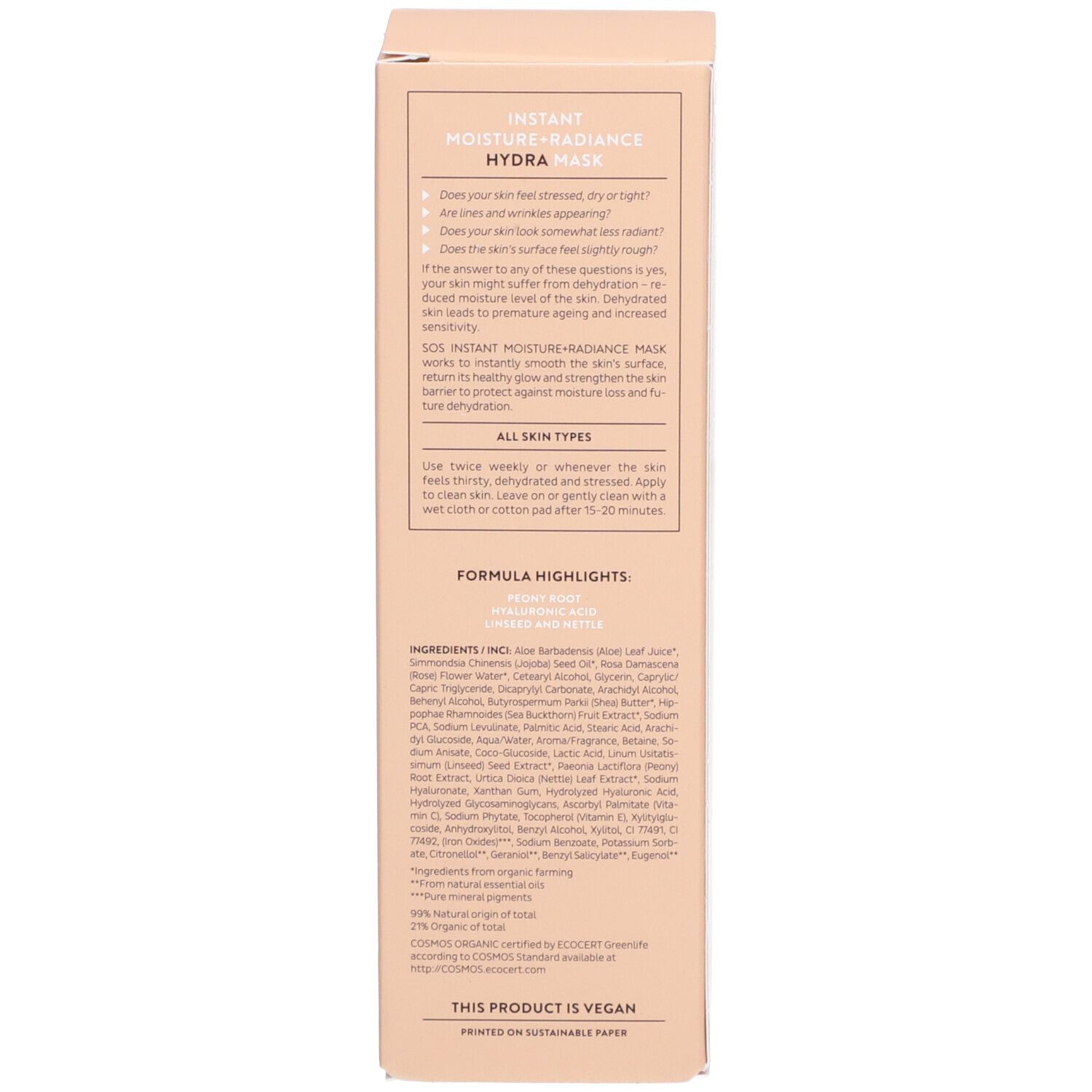 Lato della confezione in cartone. Testo: ingredienti, istruzioni per l'uso, certificazione, vegano.