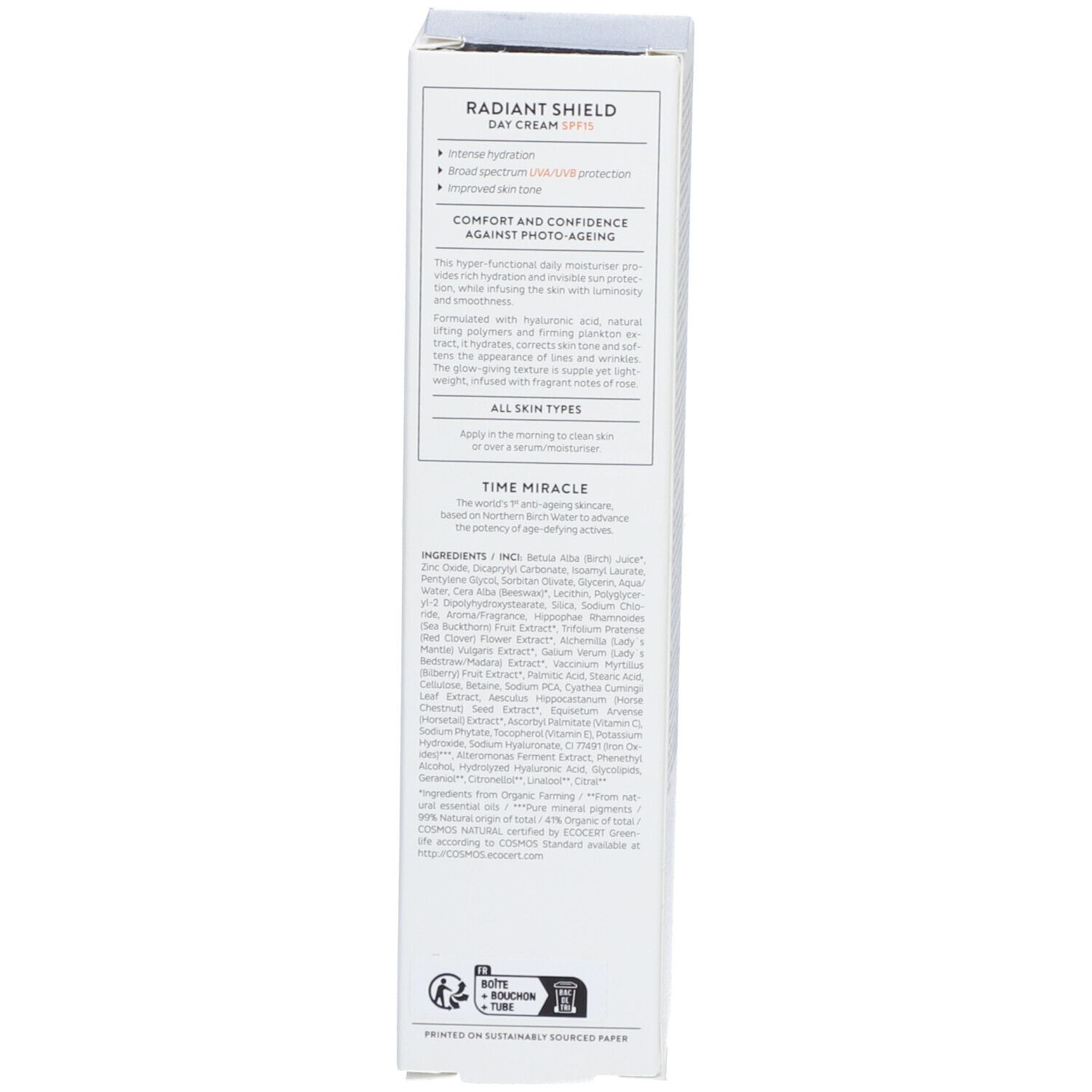 Retro della confezione del prodotto. Testo: RADIANT SHIELD DAY CREAM SPF 15. Ingredienti, istruzioni per l'uso. Certificazione biologica.