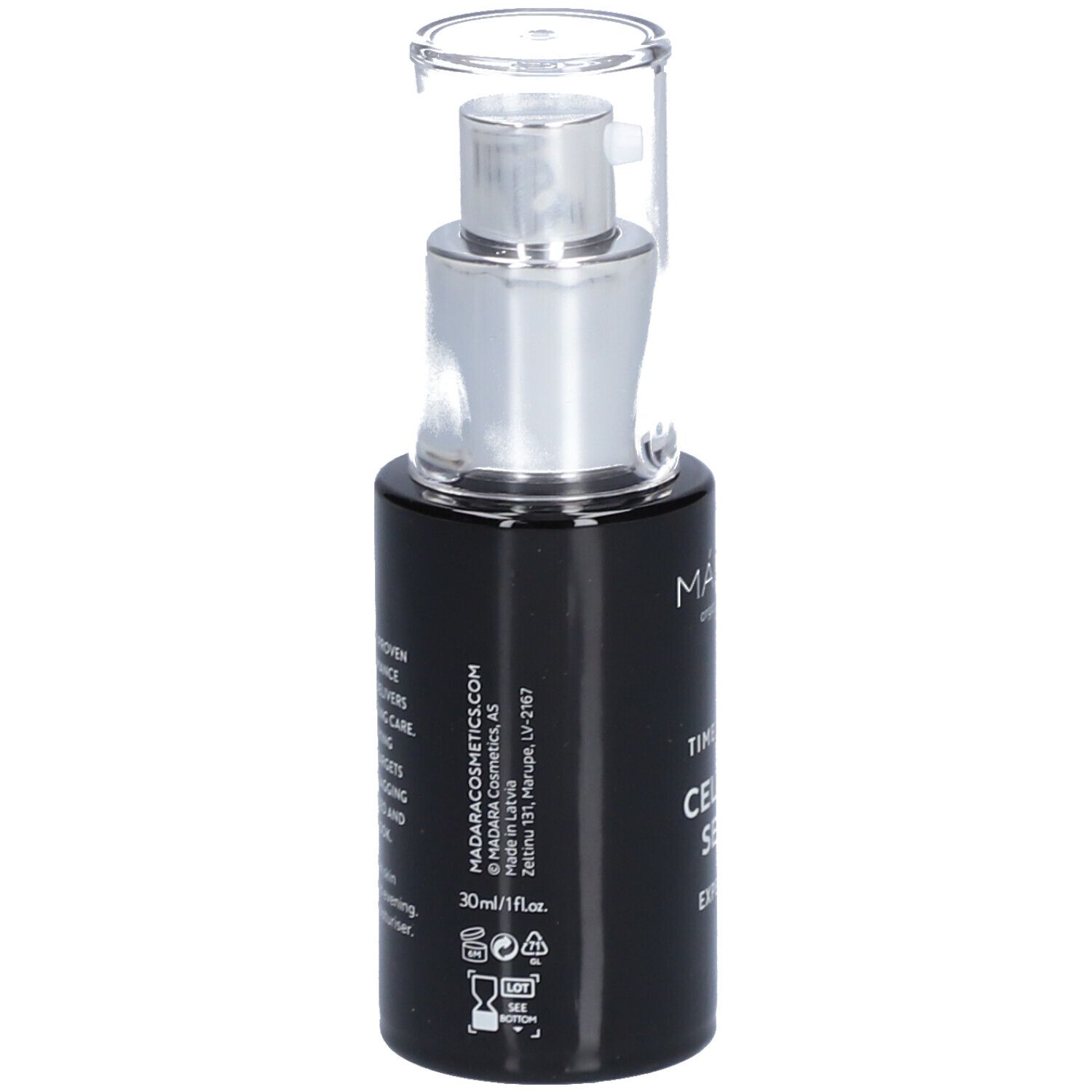 Flacone nero con erogatore argentato. Scritta: MÁDARA Cosmetics. Informazioni di produzione. 30ml/1 fl.oz. Con certificazione.