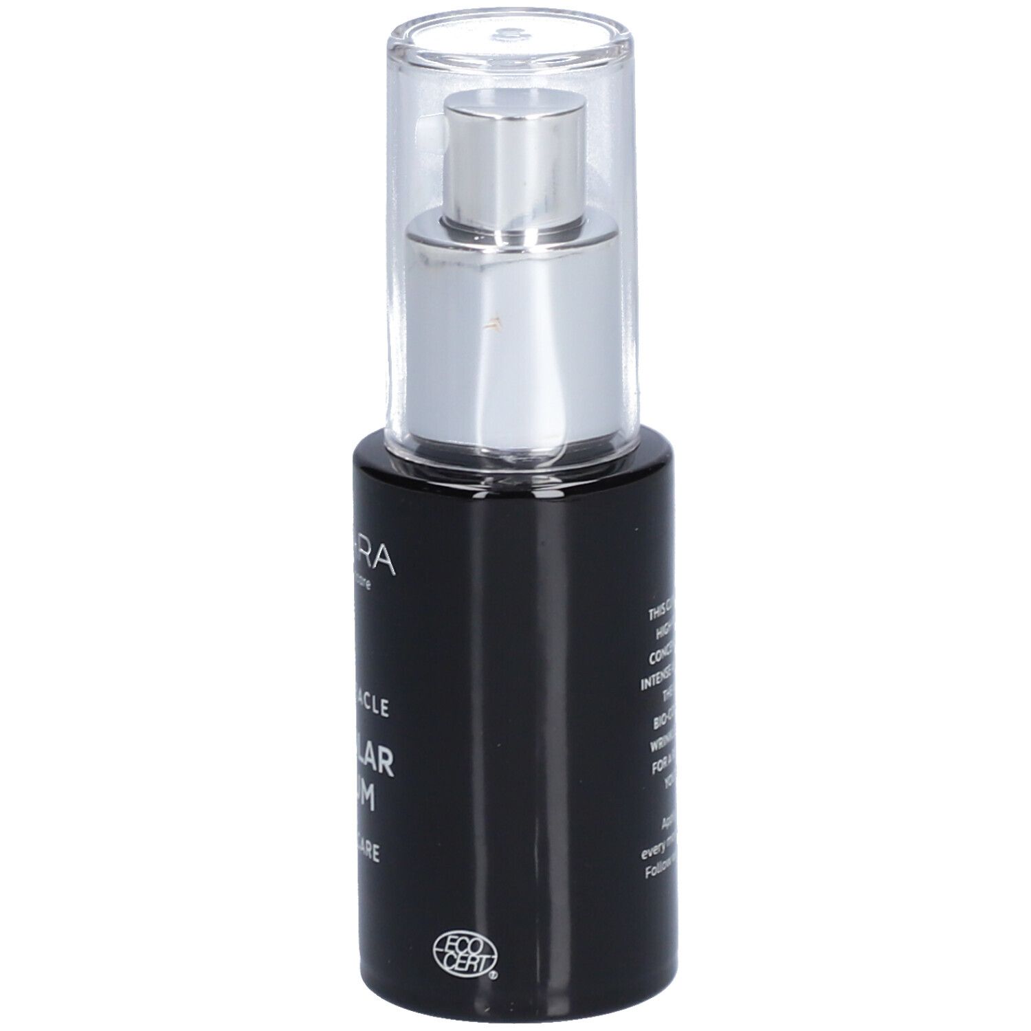 Flacone nero con erogatore argentato. Scritta: Time Miracle Cellular Serum, Expert Care. Con certificazione.