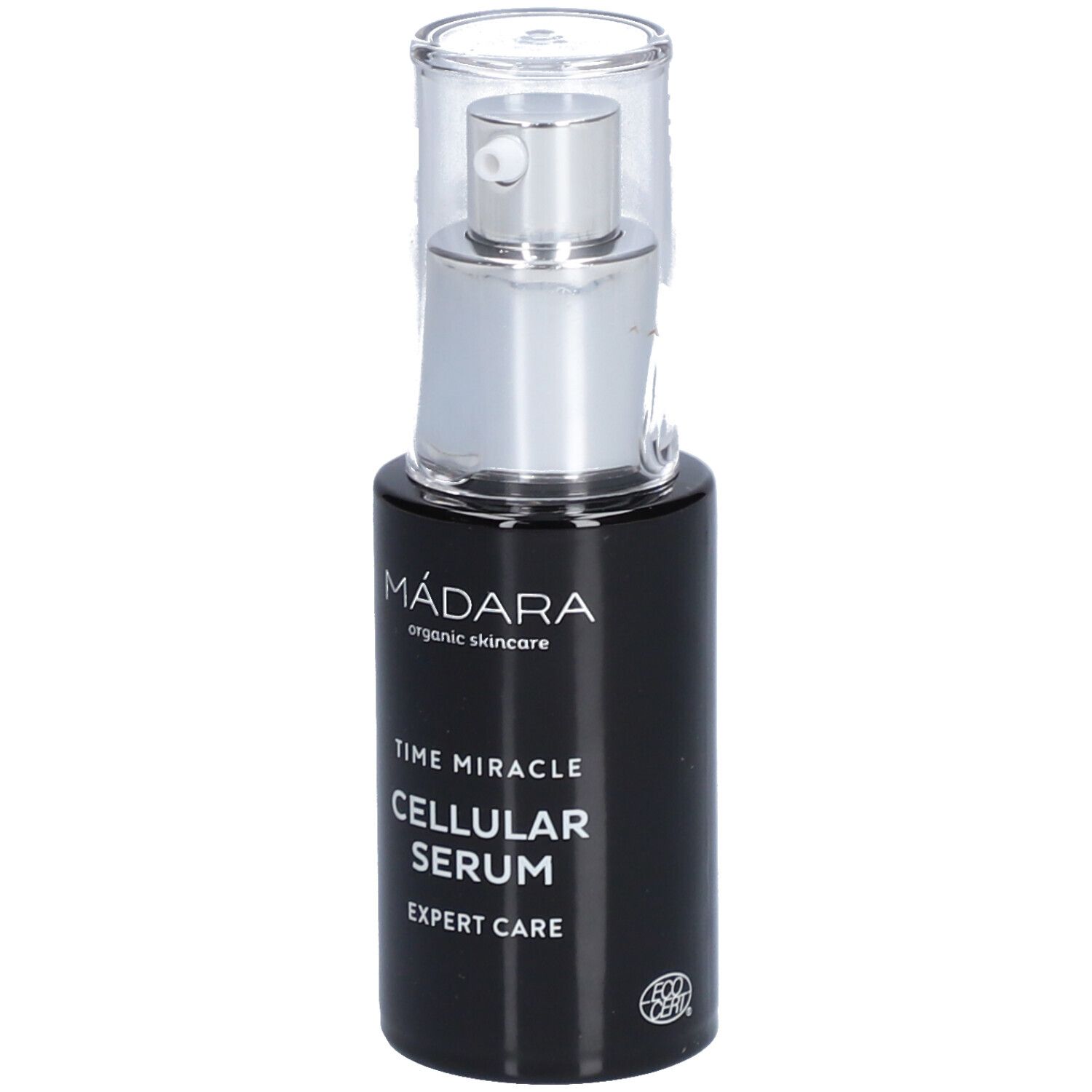 Flacone nero con erogatore argentato. Scritta: MÁDARA, Time Miracle Cellular Serum, Expert Care. Con certificazione.