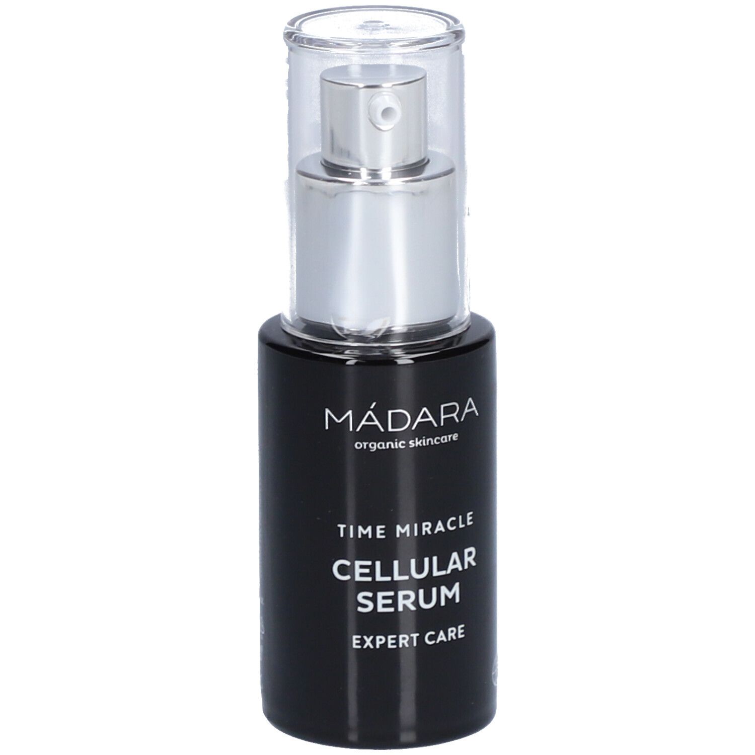 Flacone nero con erogatore argentato. Scritta: MÁDARA, Time Miracle Cellular Serum, Expert Care. Con certificazione.