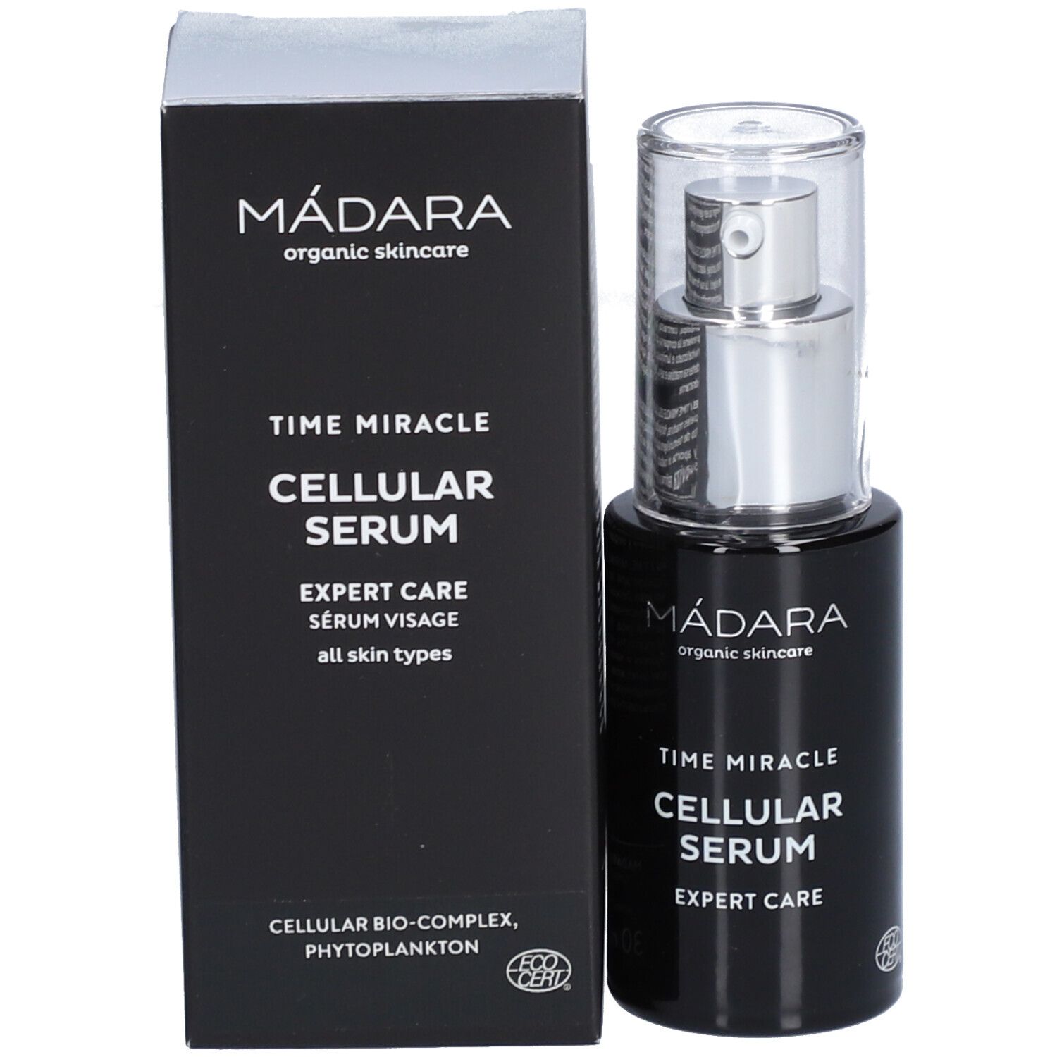 Confezione e flacone neri con erogatore argentato. Scritta: MÁDARA, Time Miracle Cellular Serum, Expert Care. Con certificazione.