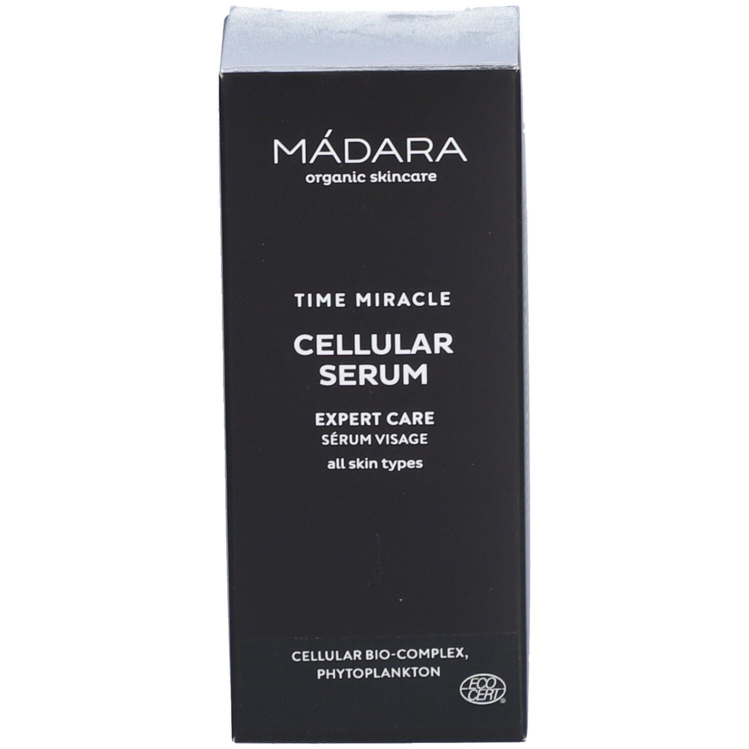 Confezione nera. Scritta: MÁDARA, Time Miracle Cellular Serum, Expert Care. Con certificazione.