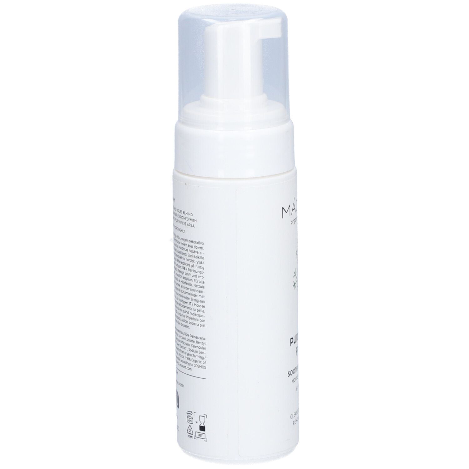 Flacone bianco con dosatore. Scritta: Mádara, Purifying Foam, Soothing Yarrow. Testo sul lato.
