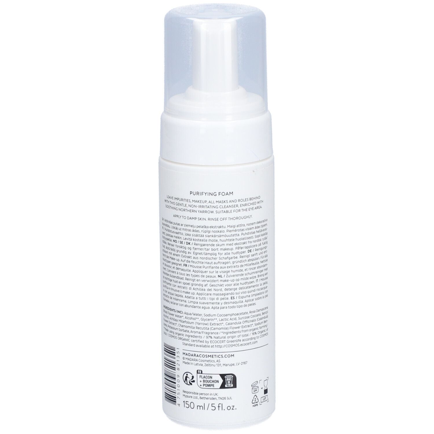 Flacone bianco con dosatore. Retro con testo. Scritta: Mádara, Purifying Foam, ingredienti, ecc.