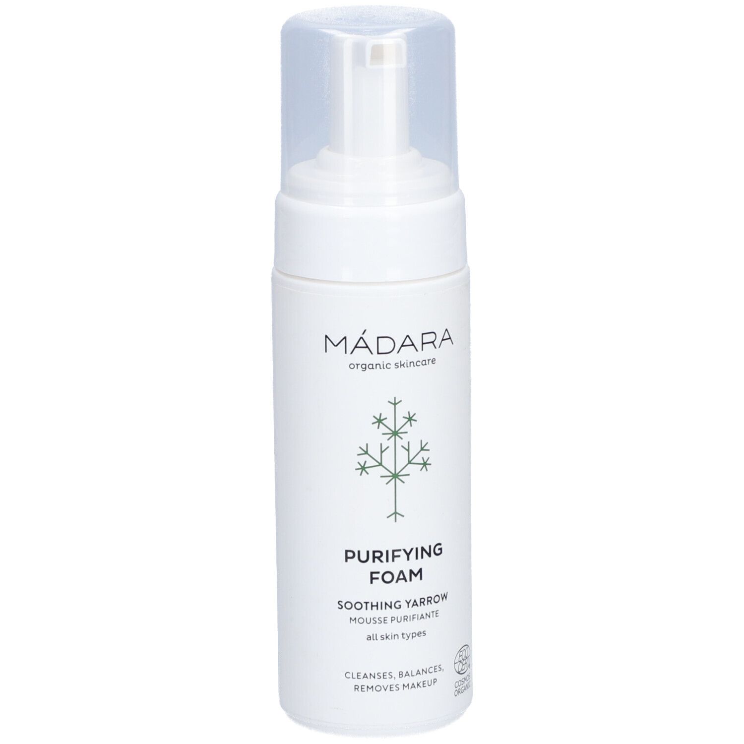 Flacone bianco con dosatore. Scritta: Mádara, Purifying Foam, Soothing Yarrow. Logo e certificazione visibili.