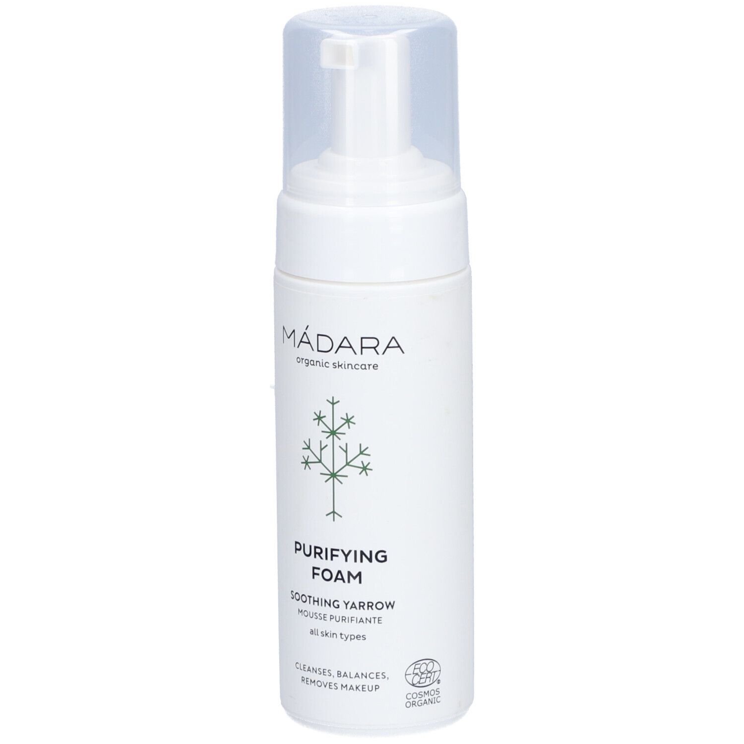 Flacone bianco con dosatore. Scritta: Mádara, Purifying Foam, Soothing Yarrow. Logo e certificazione visibili.