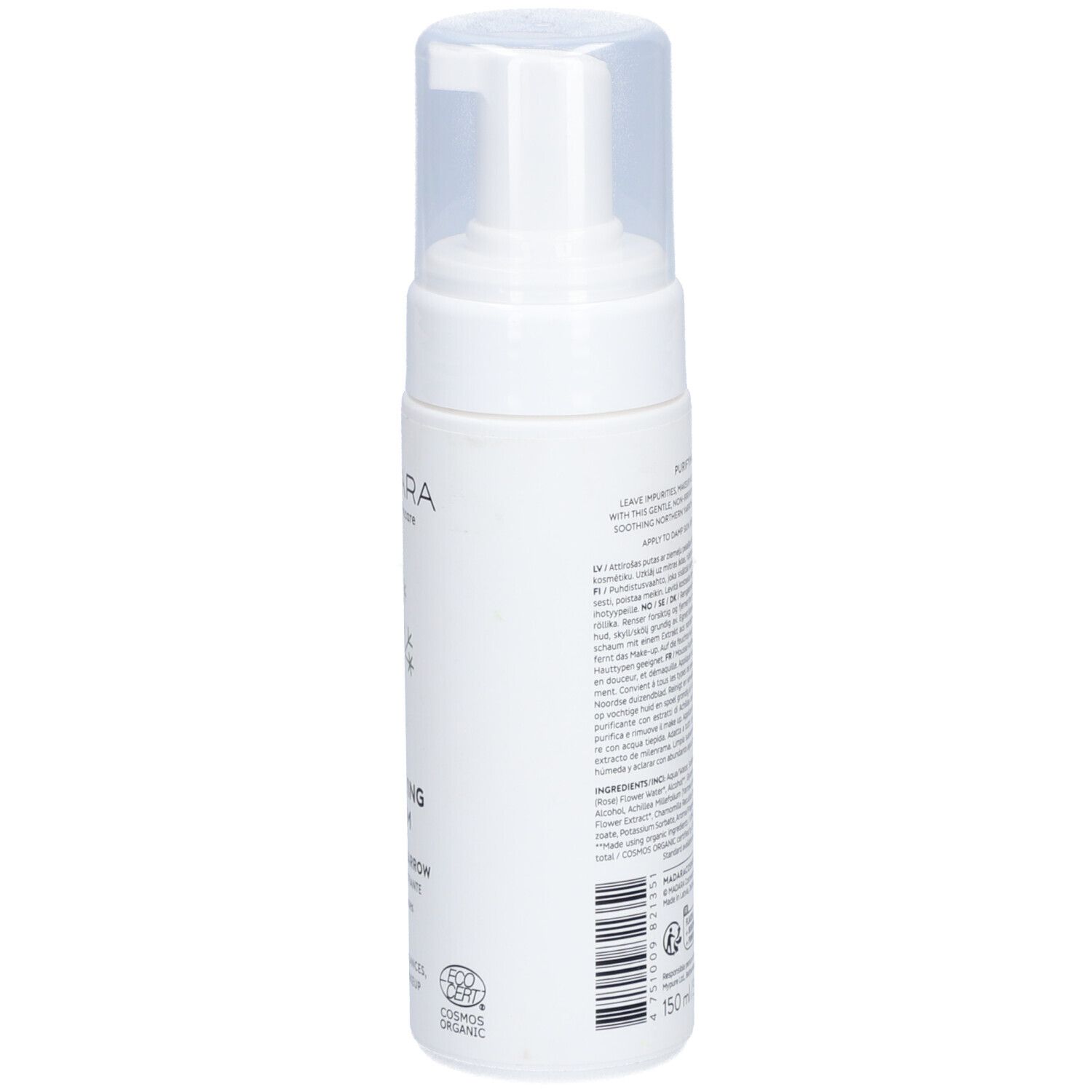 Flacone bianco con dosatore. Scritta: Mádara, Purifying Foam, Soothing Yarrow. Testo sul lato.
