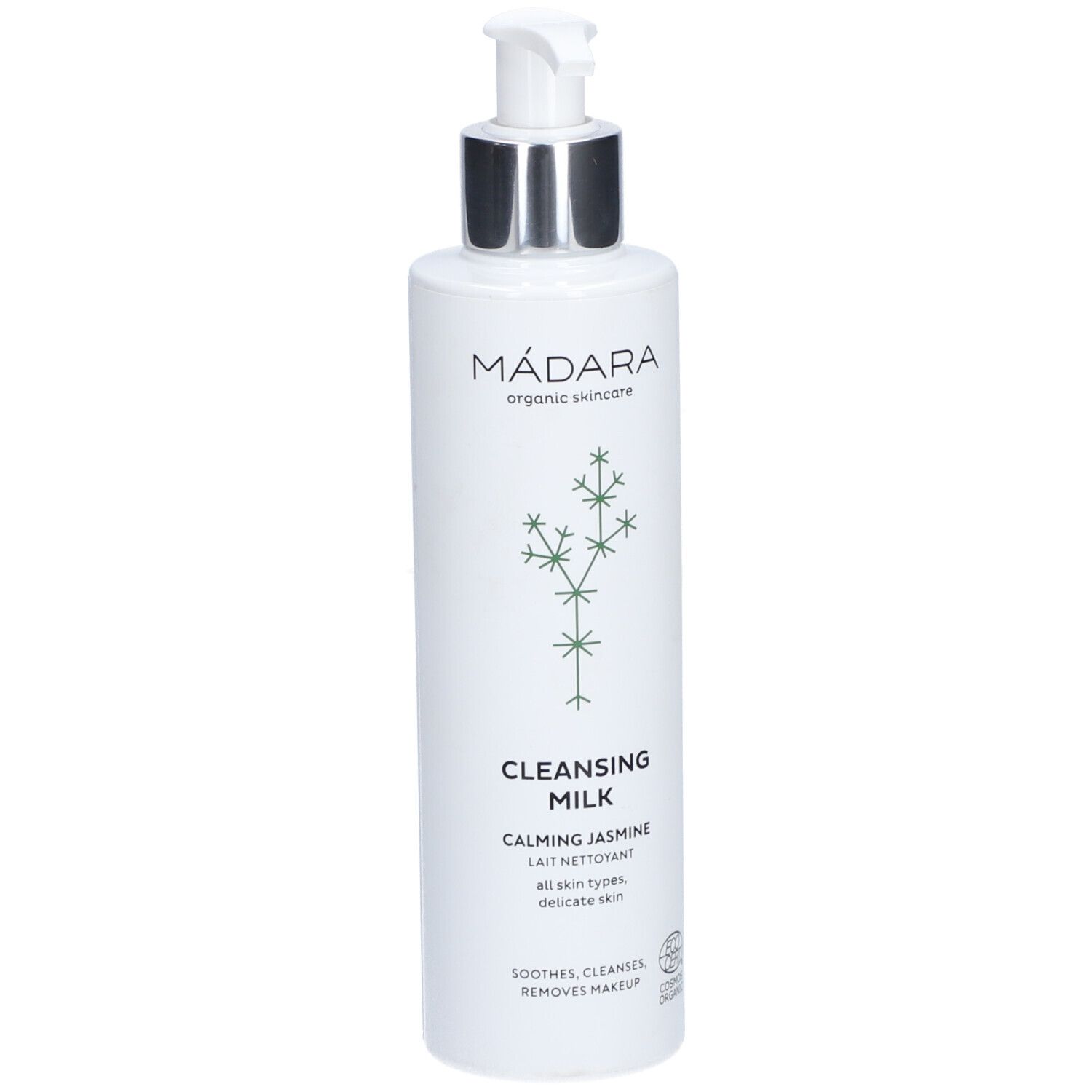 Flacone bianco con dosatore. Scritta: MÁDARA, Cleansing Milk, Calming Jasmine. Certificazione bio.