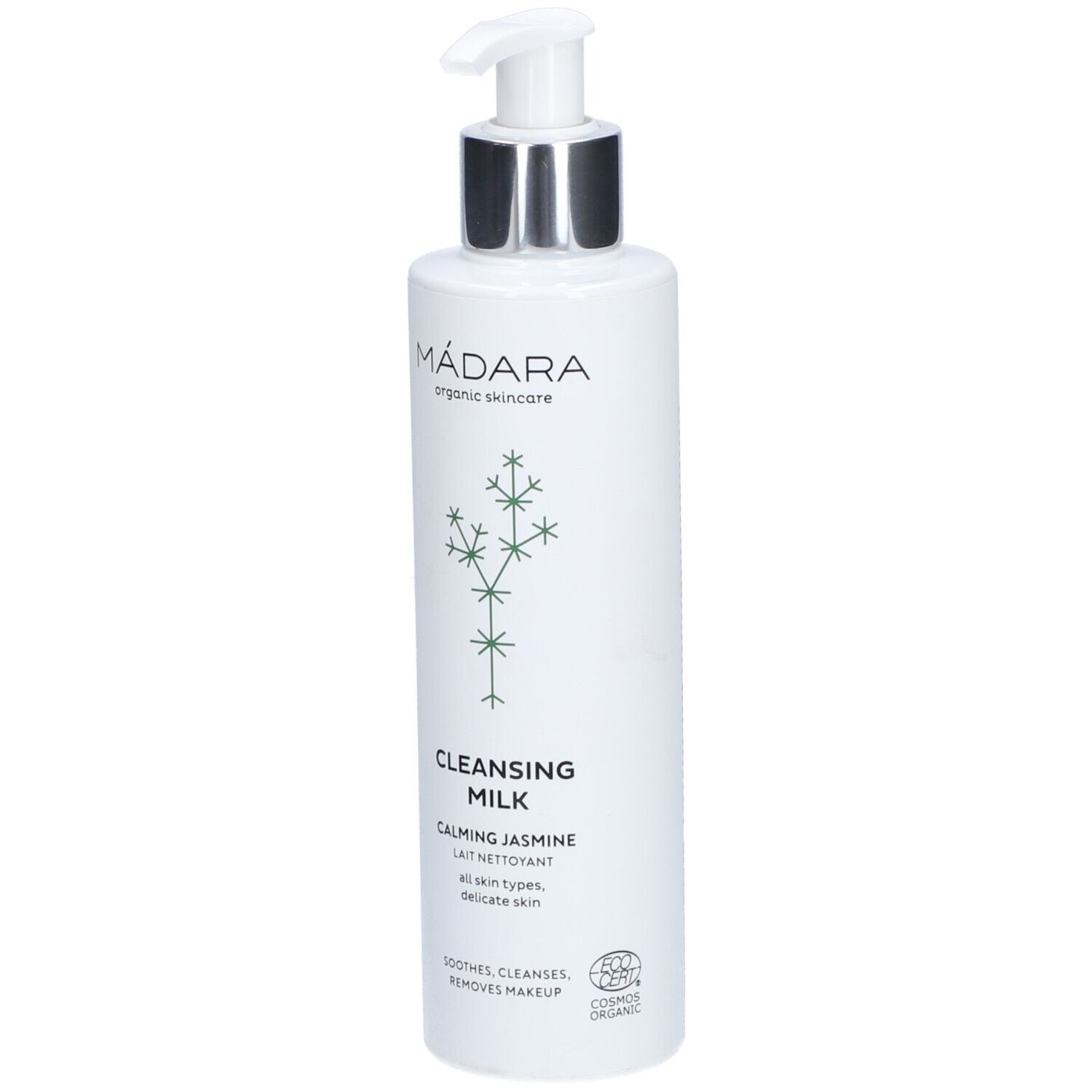 Flacone bianco con dosatore. Scritta: MÁDARA, Cleansing Milk, Calming Jasmine. Certificazione bio.
