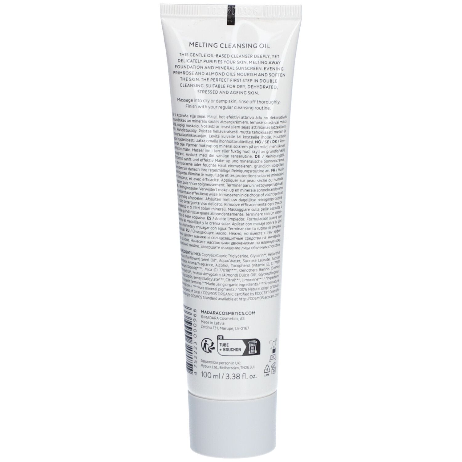 Retro del tubo bianco. Testo: Melting Cleansing Oil, informazioni sul prodotto multilingue, certificazioni, ingredienti.