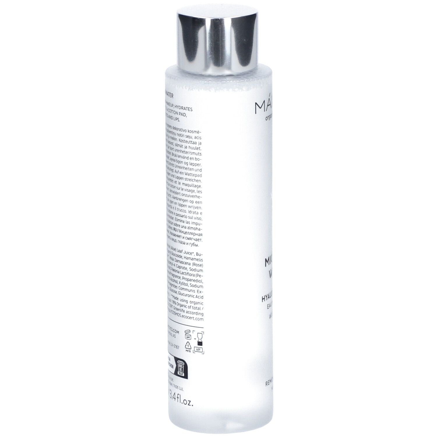 Flacone cilindrico con tappo argentato. Retro con testo. Scritte: Micellar Water, ingredienti, 100ml, ECOCERT.