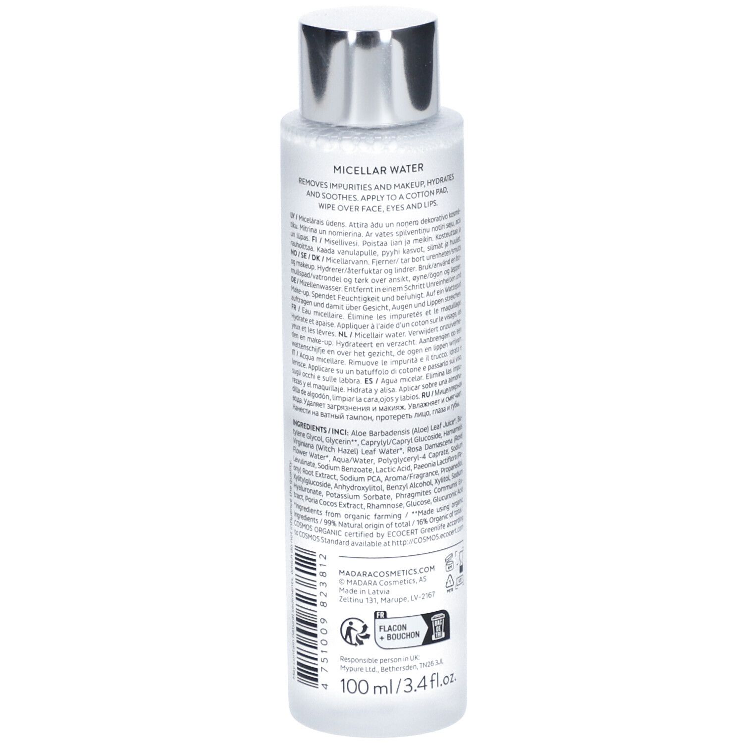 Flacone cilindrico con tappo argentato. Retro con testo. Scritte: Micellar Water, ingredienti, 100ml, ECOCERT.