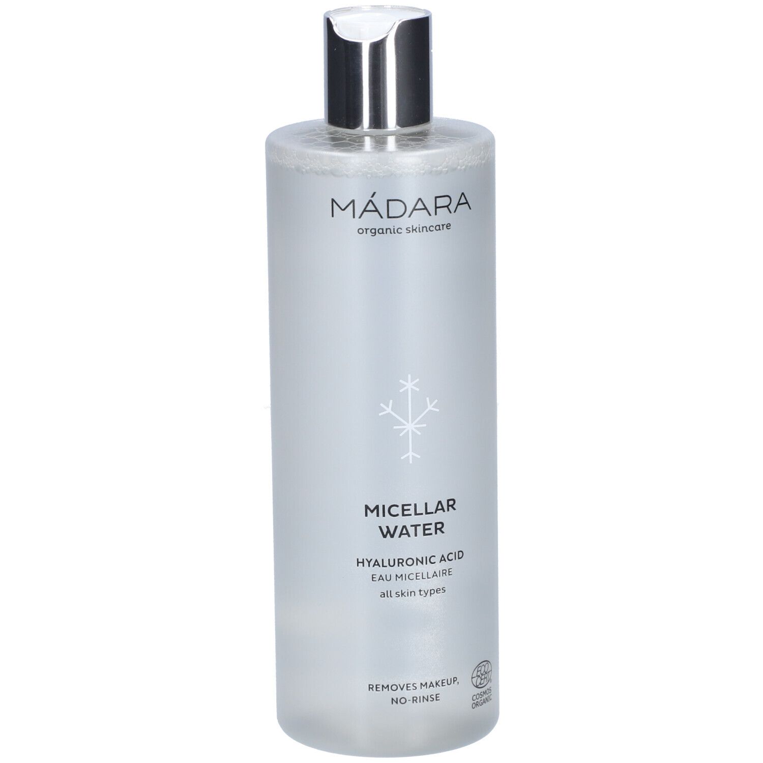 Flacone cilindrico trasparente con tappo argentato. Scritta: MÁDARA, Micellar Water, Acido Ialuronico, tutti i tipi di pelle.