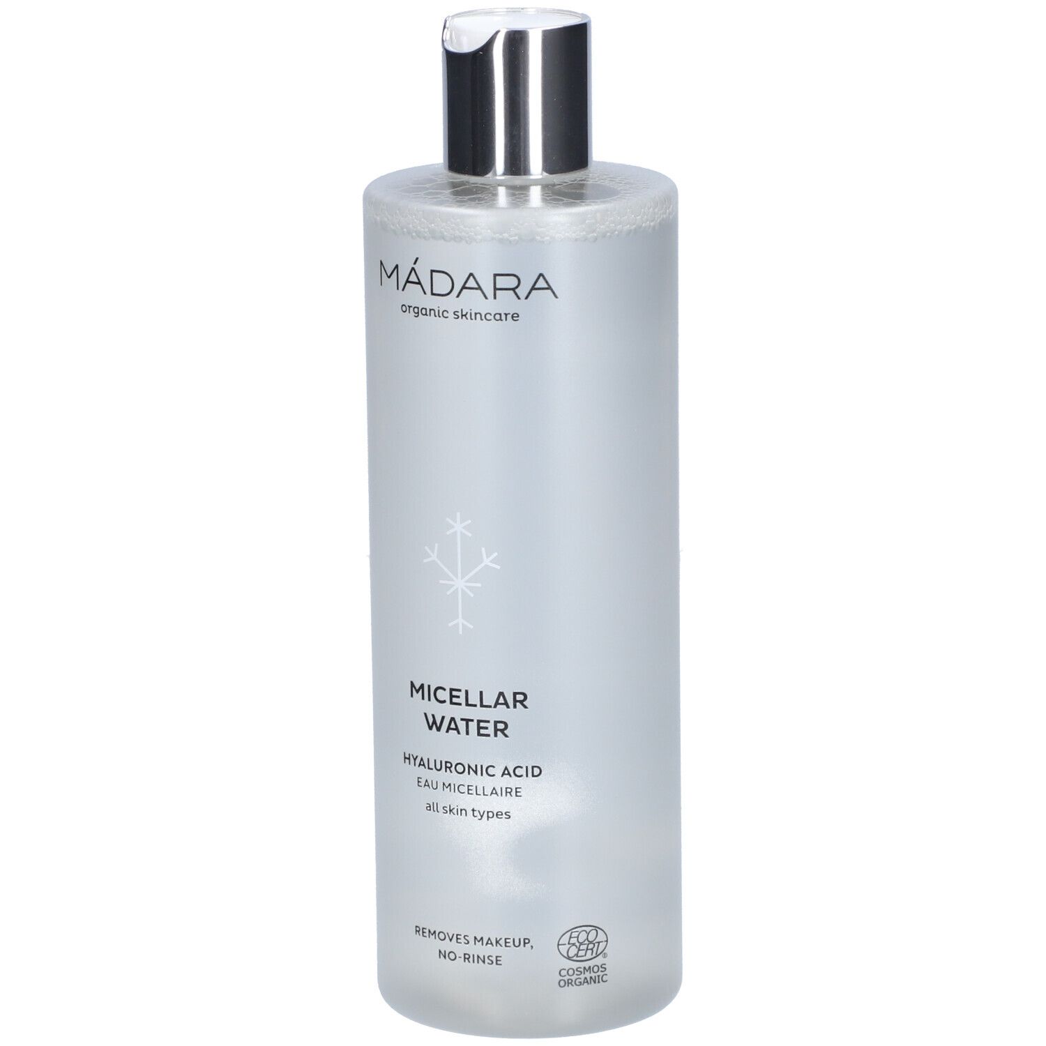 Flacone cilindrico trasparente con tappo argentato. Scritta: MÁDARA, Micellar Water, Acido Ialuronico, tutti i tipi di pelle.