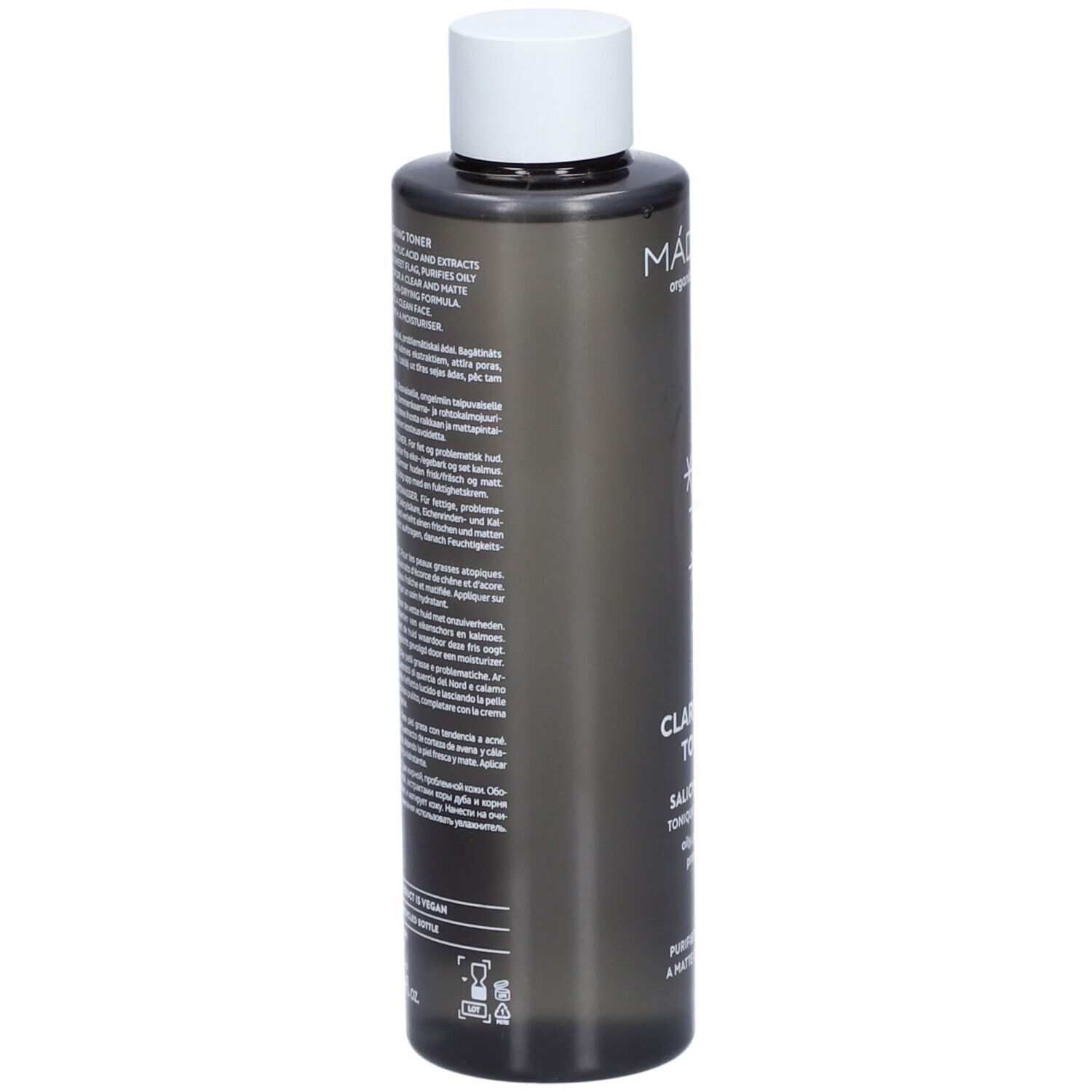 Flacone scuro, tappo bianco. Retro con testo. Scritta: MÁDARA, Clarifying Toner, acido salicilico. Cosmetici. Vegano.