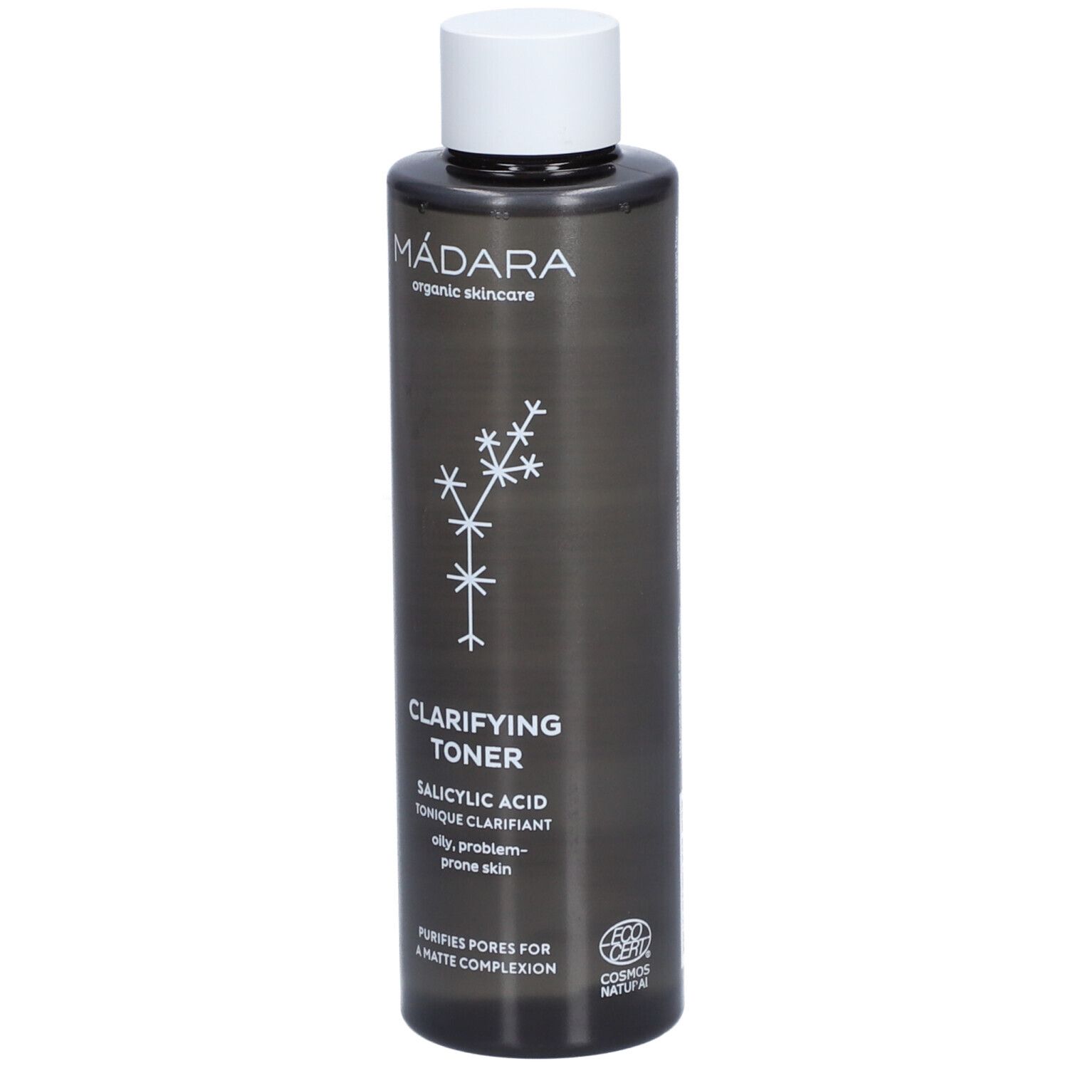 Flacone scuro, tappo bianco. Scritta: MÁDARA, Clarifying Toner, acido salicilico, pelli grasse, problematiche. Cosmetici.
