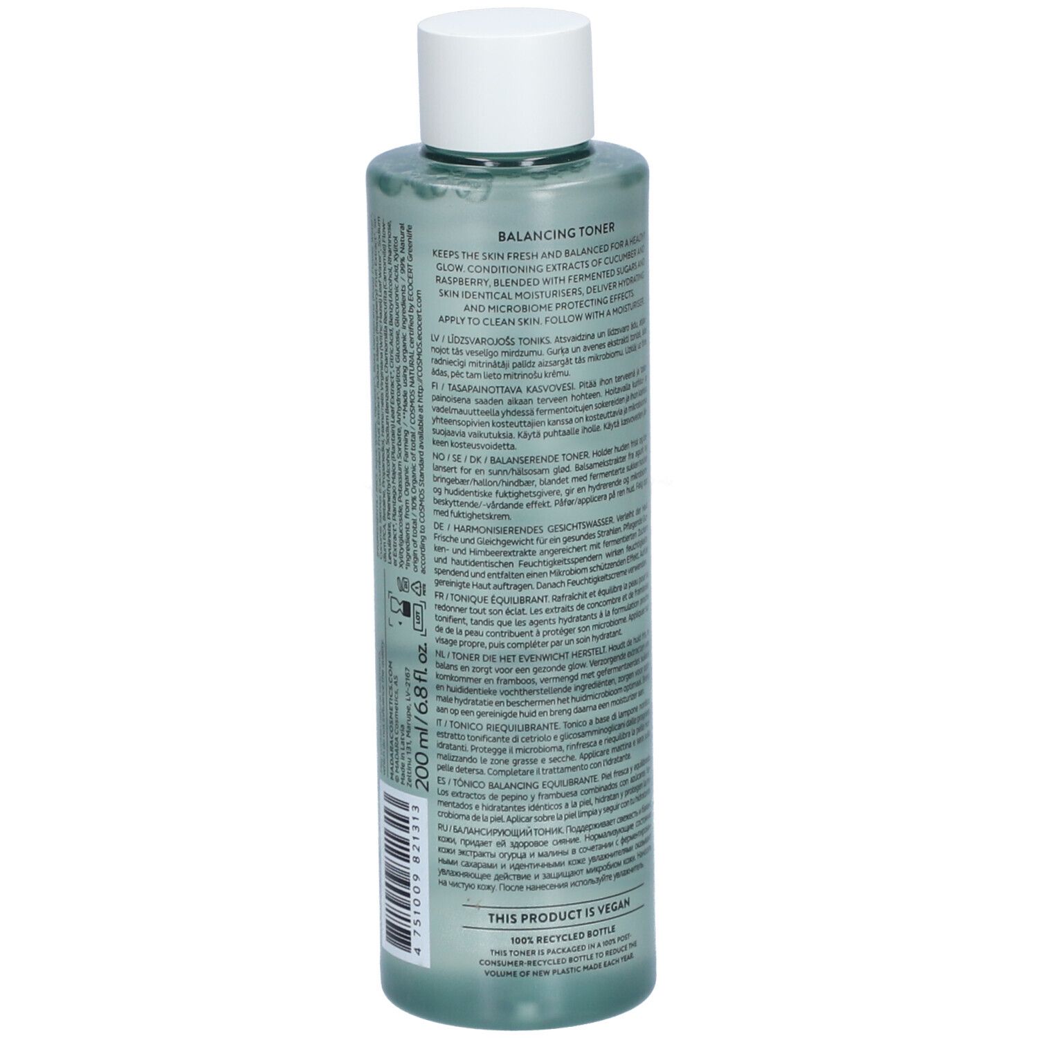 Flacone verde con tappo bianco. Retro con testo. Scritta: Balancing Toner, 200 ml. Sigillo vegano.