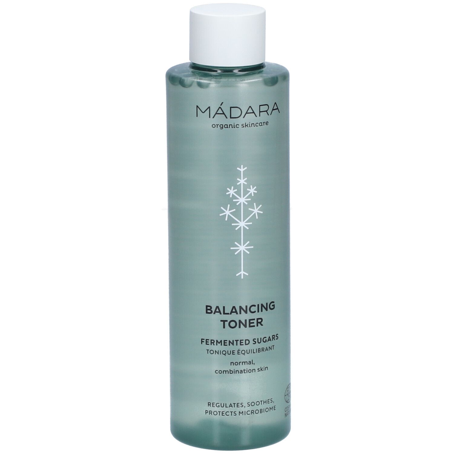 Flacone verde con tappo bianco. Scritta: Mádara, Balancing Toner. Contiene zuccheri fermentati. Per pelli normali/miste.