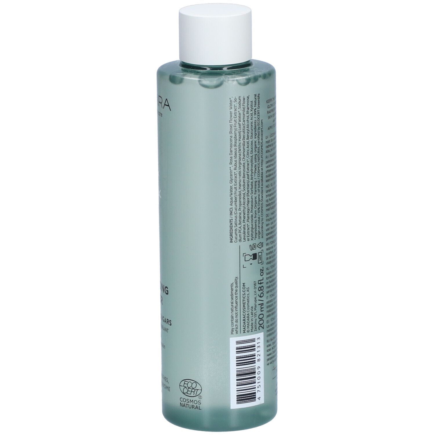 Flacone verde con tappo bianco. Retro con testo. Scritta: Balancing Toner, 200 ml. Sigillo vegano.