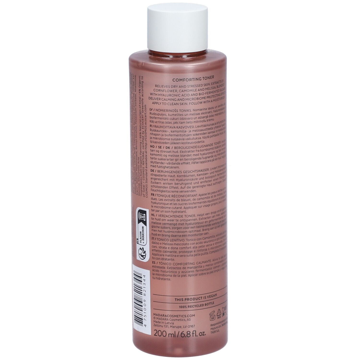 Flacone rosa con tappo bianco. Retro con testo. Scritta: Comforting Toner, Acido Ialuronico. Per pelli secche, disidratate.