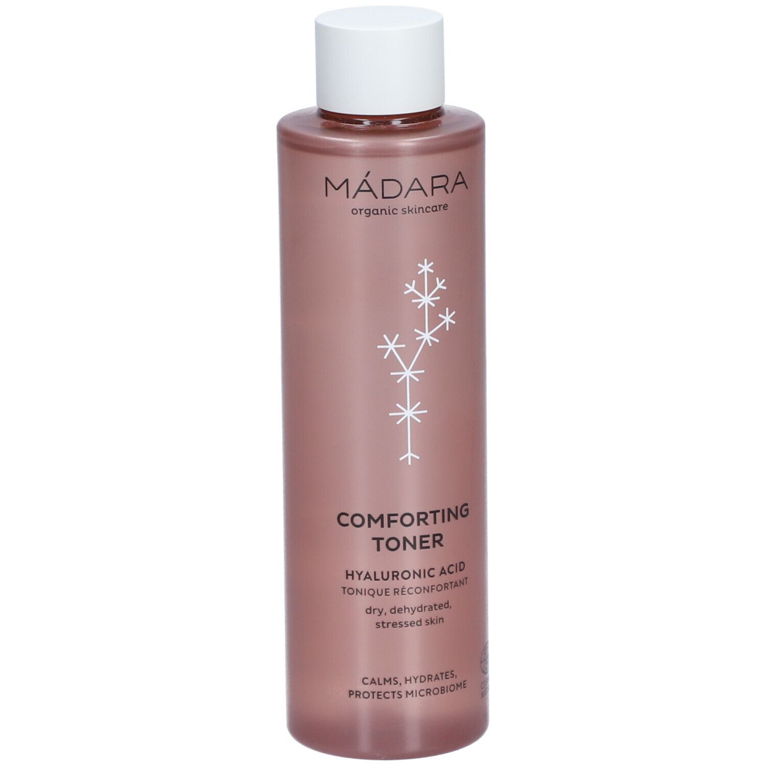 Flacone rosa con tappo bianco. Scritta: MÁDARA, Comforting Toner, Acido Ialuronico. Per pelli secche, disidratate.